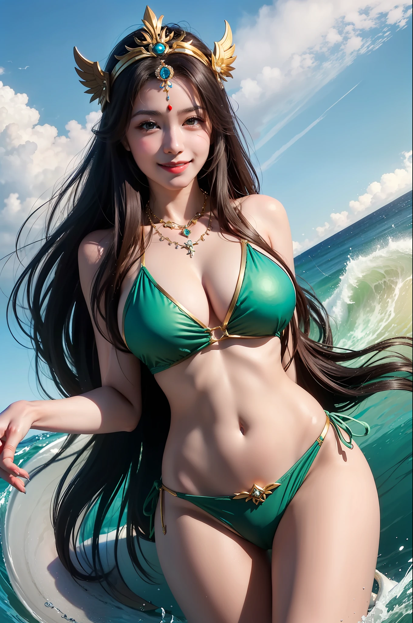 (masterpiece, best quality:1.2), solo, 1girl, palutena, grin, surfing, waves, forehead jewel, tiara, swimsuit, bikini, jewelry, necklace, large breasts
