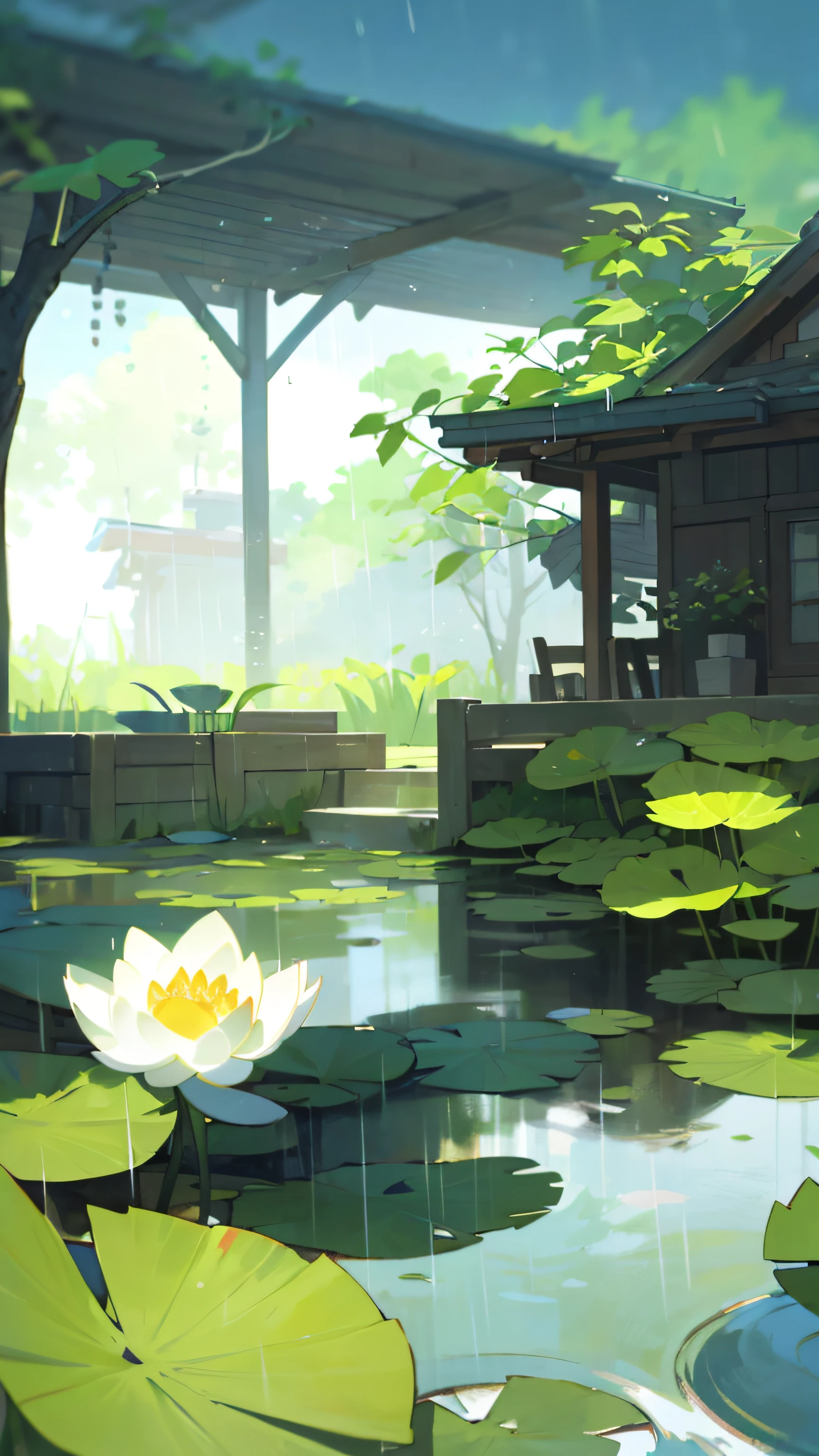 (It's raining heavily), lotus leaves in quiet pond, house, sky, willow leaves hanging down above the picture, HD illustrations, detailed shadows, emerald green, colorful
