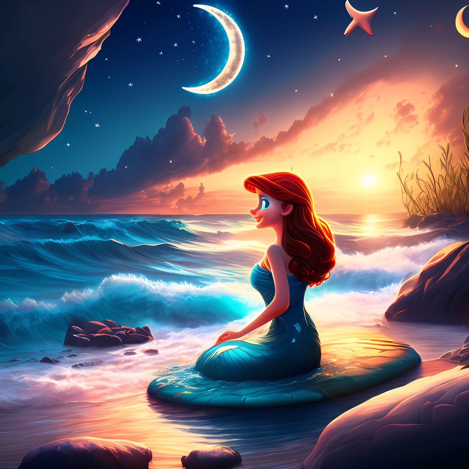 3d illustration, disney style, best quality, 8k, little mermaid, night, moon, reef, sitting, white skin, blue eyes, starry sky, ocean waves --auto