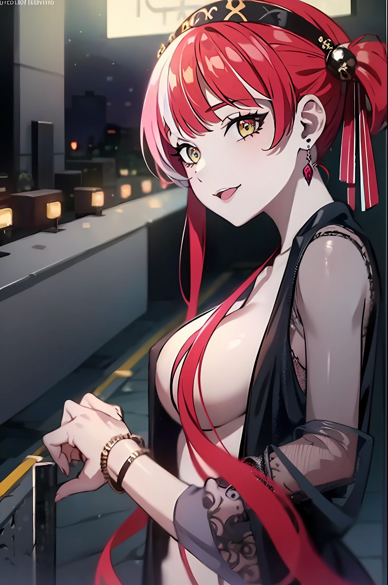 best quality, 4K wallpaper, masterpiece, extremely detailed CG unity 8k wallpaper, extremely detailed eyes, ultra-detailed, 1girl, solo, medium breasts, ollie, zombie_skin, multicolored hair, multicolored eyes, double ponytail hair, earrings, style-wedding, outdoor, night, cemetery, looking at the viewer, smile, standing, cross-legged, upper body, neckline on clothes, open chest, questionable content