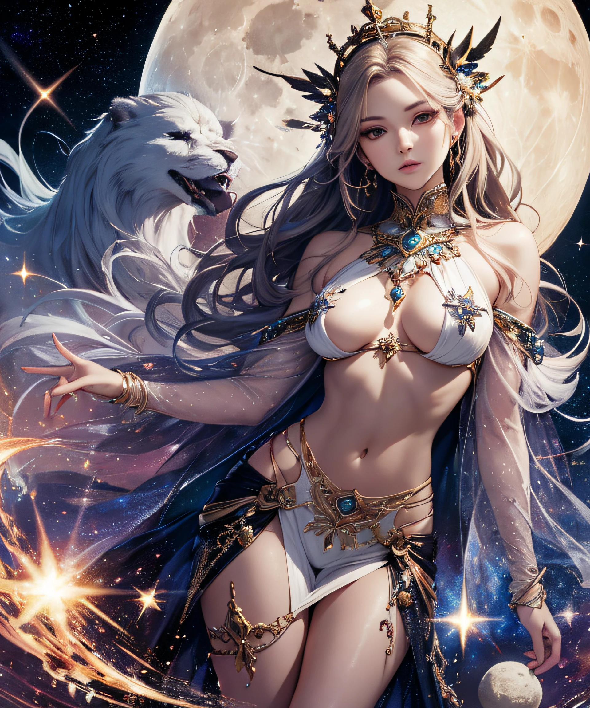 masterpiece, top quality, realistic, wallpaper, official art, goddess of the moon, artemis, full body, transcendent beauty, bewitching, seduction, unknown, skin luster, hair luster, lonely eyes, stars of the galaxy