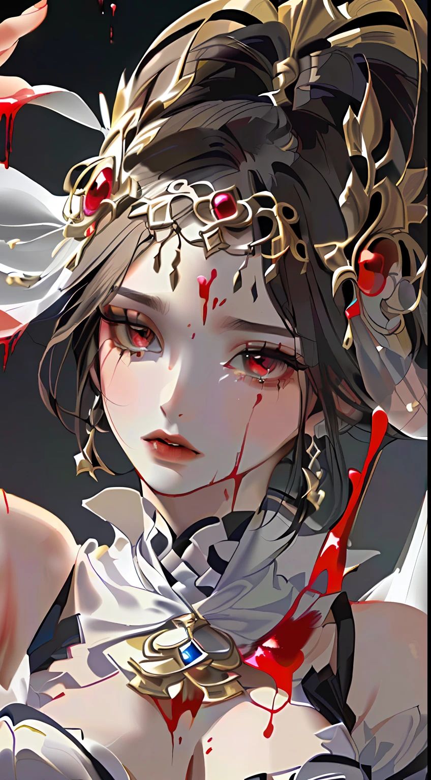 Close-up of a woman in a white dress and red headdress, beautiful character painting, detailed painting 4 K, 8K high quality detail art, this is a close-up illustration depicting a character in a costume. The painting was created in the art form of the "Guweiz" style. The tears of the characters in the painting are blood red, and the whole is set against a pure white background. She is portrayed as a goddess of love and beauty. There is a lot of blood in the picture, giving it a very bloody feeling. And with white as a background. The costumes and facial expressions of the characters are very detailed, showing detailed depictions. The overall picture is covered with blood, giving people a palpitating feeling.