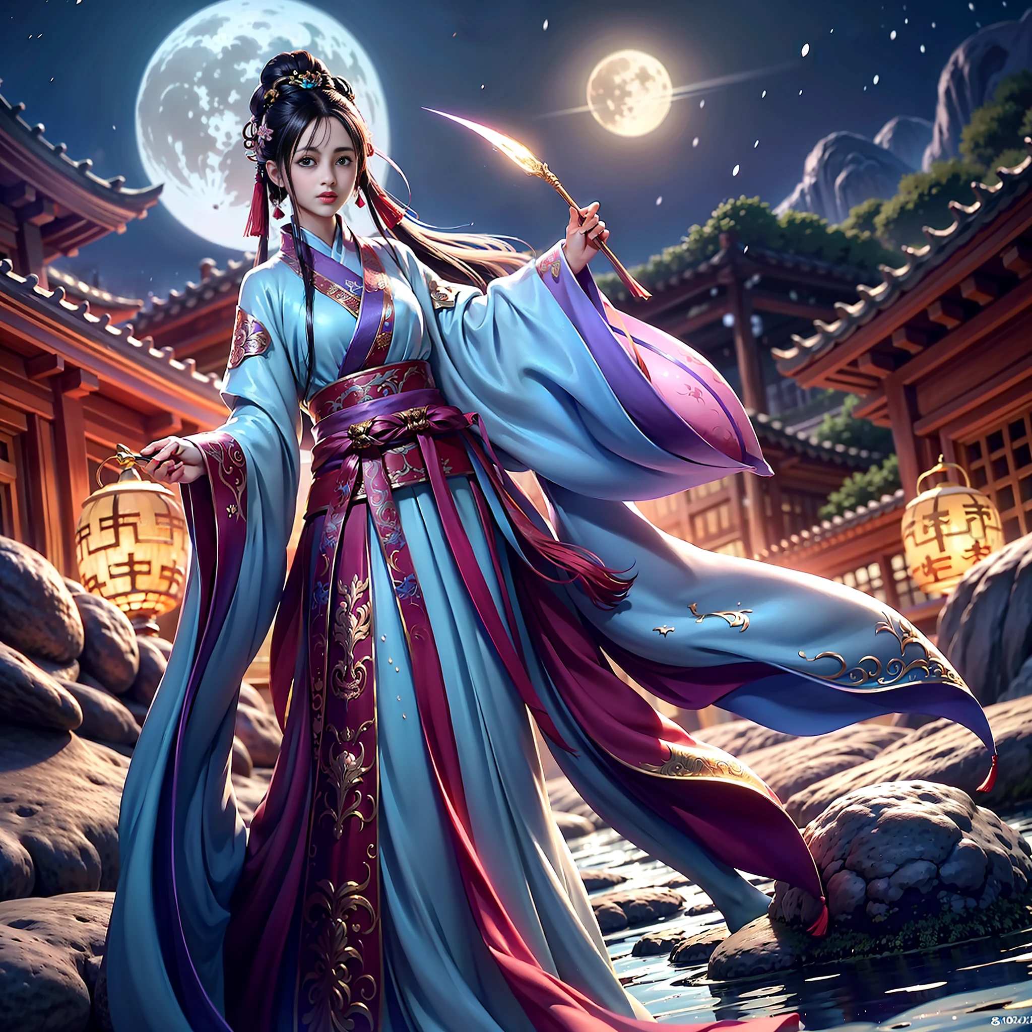 (8k, RAW photo:1.2), best quality, ultra high res,dramatic angle,(fluttered detailed color splashs), (illustration),(((1 girl))),(long hair),(rain:0.9), (头饰:1.4),少女身边有一座古宫,汉服,(重点),彩色水墨画,(泼彩),泼彩,(((colorful))),(素描:0.8) , Masterpiece, best quality, beautiful painted, highly detailed,(denoising:0.6),[splash ink],((ink refraction)), (beautiful detailed sky),moon,highly,detaild,(masterpiece, best quality, extremely detailed） CG unity 8k壁纸，杰作，最好的质量，超详细），（石蒜），