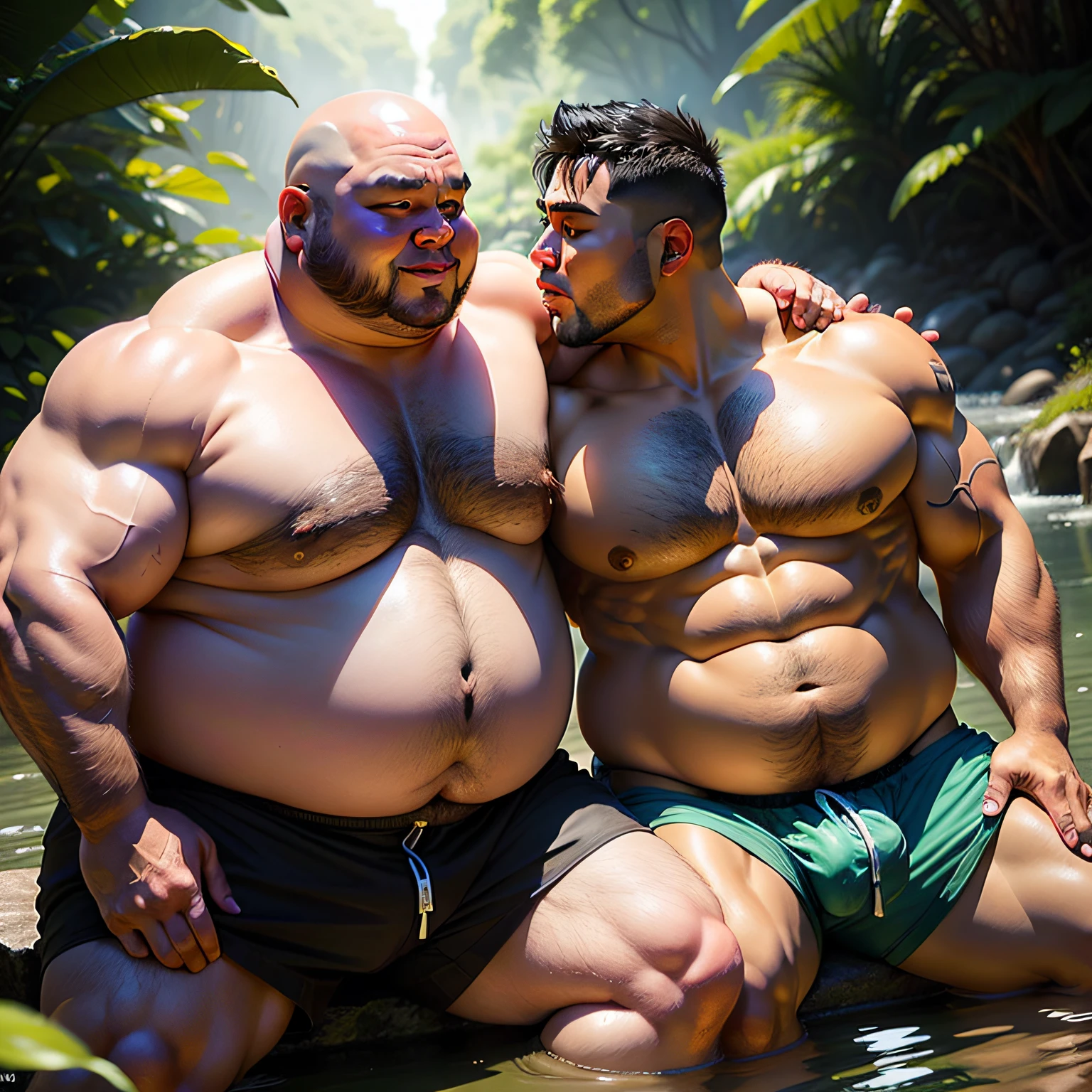 Fat man sitting in the water, big belly, athletic, ridiculously large physique, ridiculously large belly, muscular, muscular, attractive strong man, robust chunky body, big belly, exaggerated big physique, strong fat Dionysian body, big muscles, very beautiful. Big muscles, fat torn Satan creatures, huge muscles, huge muscles, obesity, thick hands and feet, homosexual, Asian face, middle-aged man, ridiculously fat, morbidly obese, ultra-low waist panties, emotional erotic panties, ultra-exposed panties, bright crotch, bald head, shot from the side, firm buttocks, ridiculously large crotch, background is a small river deep in the jungle, the river is clear and low, ridiculously bulging crotch, two ridiculously fat men hugging each other and kissing their mouths, ridiculously short panties, There are more details on the panties, more details on the face, and more details on the crotch