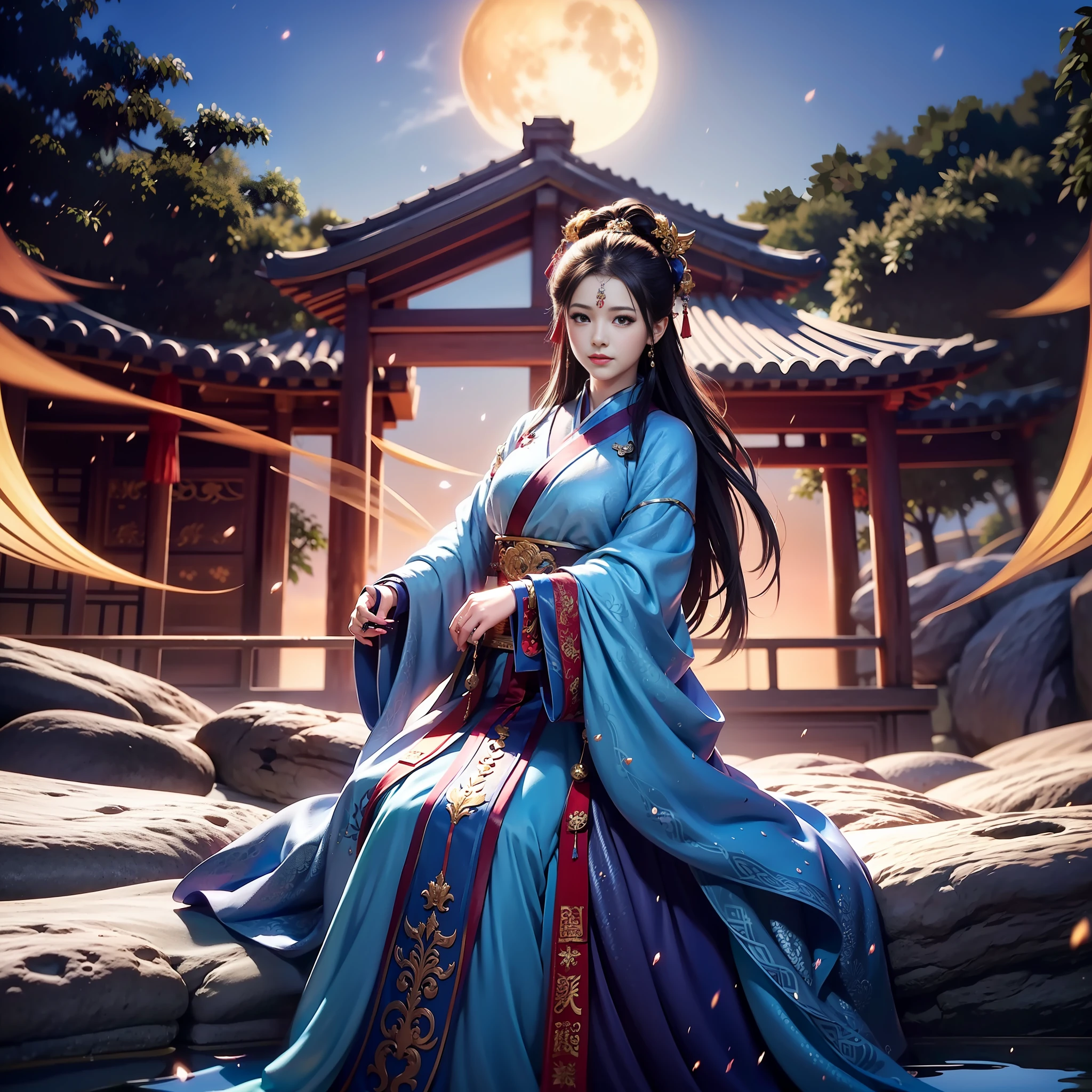 (8k, RAW photo:1.2), best quality, ultra high res,dramatic angle,(fluttered detailed color splashs), (illustration),(((1 girl))),(long hair),(rain:0.9), (头饰:1.4),少女身边有一座古宫,汉服,(重点),彩色水墨画,(泼彩),泼彩,(((colorful))),(素描:0.8) , Masterpiece, best quality, beautiful painted, highly detailed,(denoising:0.6),[splash ink],((ink refraction)), (beautiful detailed sky),moon,highly,detaild,(masterpiece, best quality, extremely detailed） CG unity 8k壁纸，杰作，最好的质量，超详细），（石蒜），
