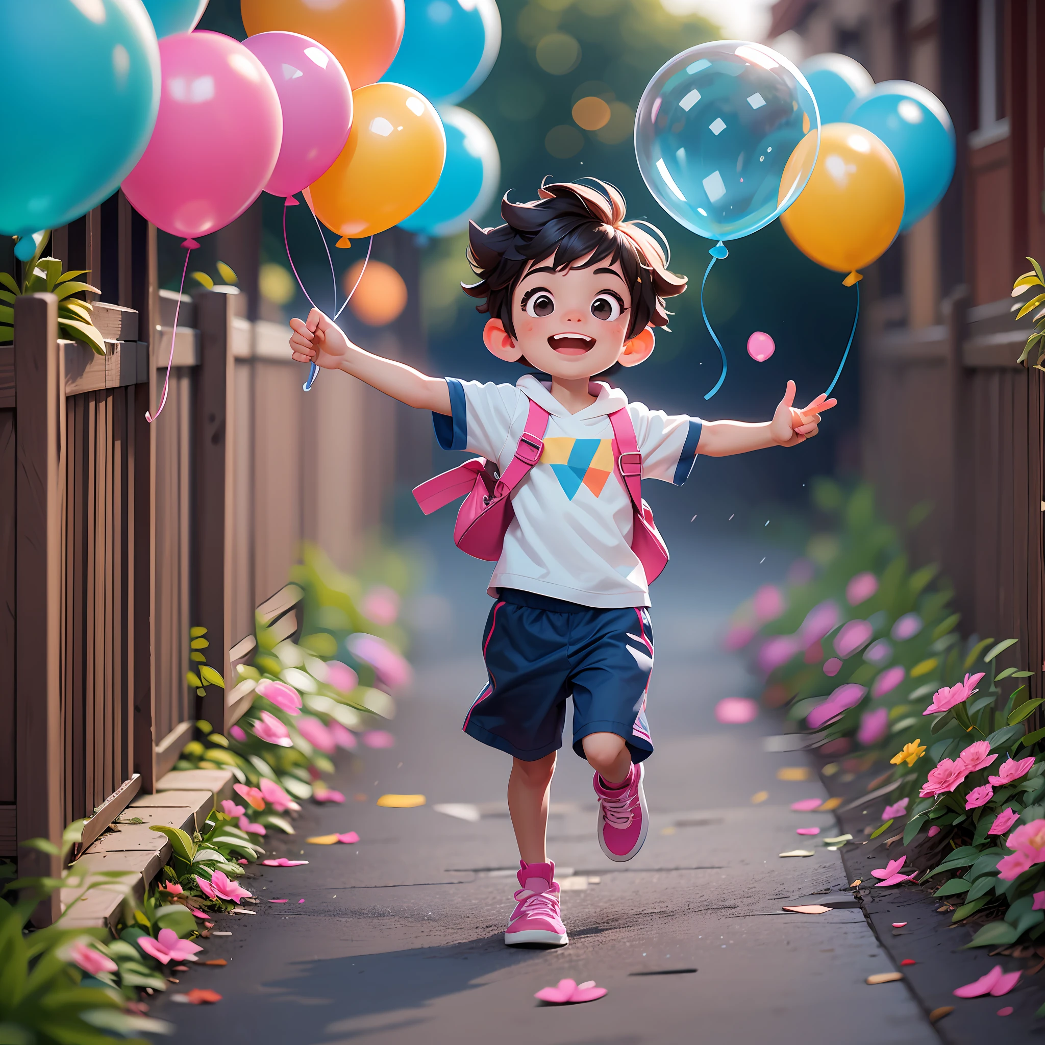 A 5--old running down the street with colorful balloons floating in the sky, dreaming, dancing, holding flowers, full body picture, happy, happy, perfect quality, clear focus (clutter - home: 0.8), (masterpiece: 1.2) (Realistic: 1.2) (Bokeh) (Best quality) (Detailed skin: 1.3) (Intricate details) (8K) (Detail Eyes) (Sharp Focus), (Happy)