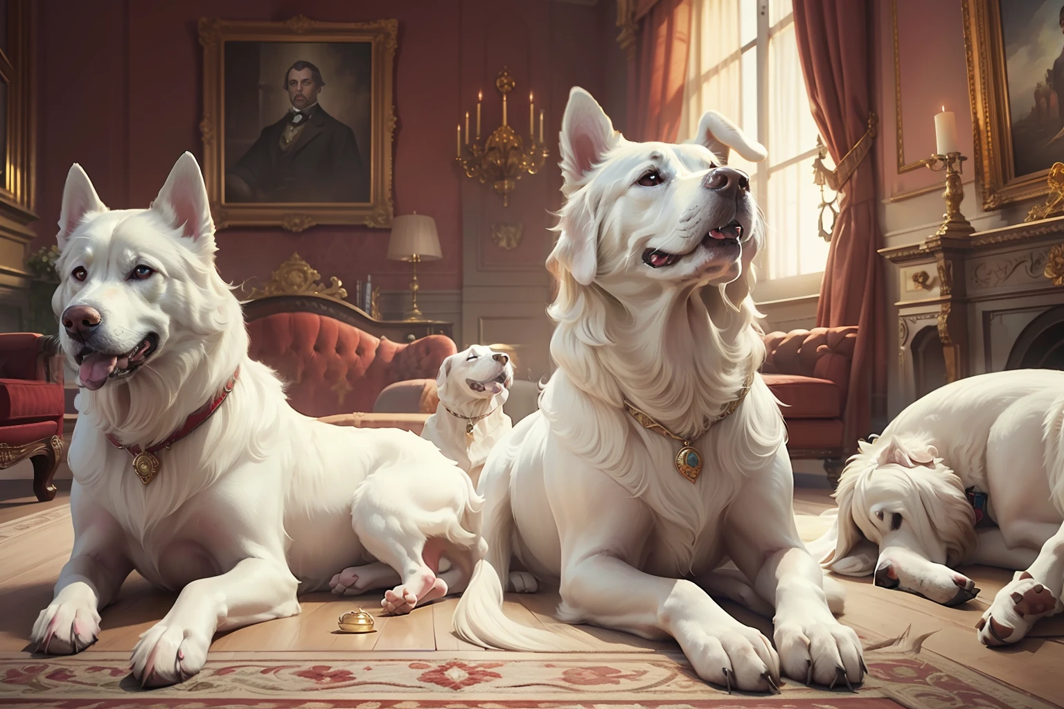 masterpiece, Highly detailed, super realistic, 4k, 8k, detailed background, Victorian style,
(Royal Living Room), (large white dogs sitting side by side), (from side),