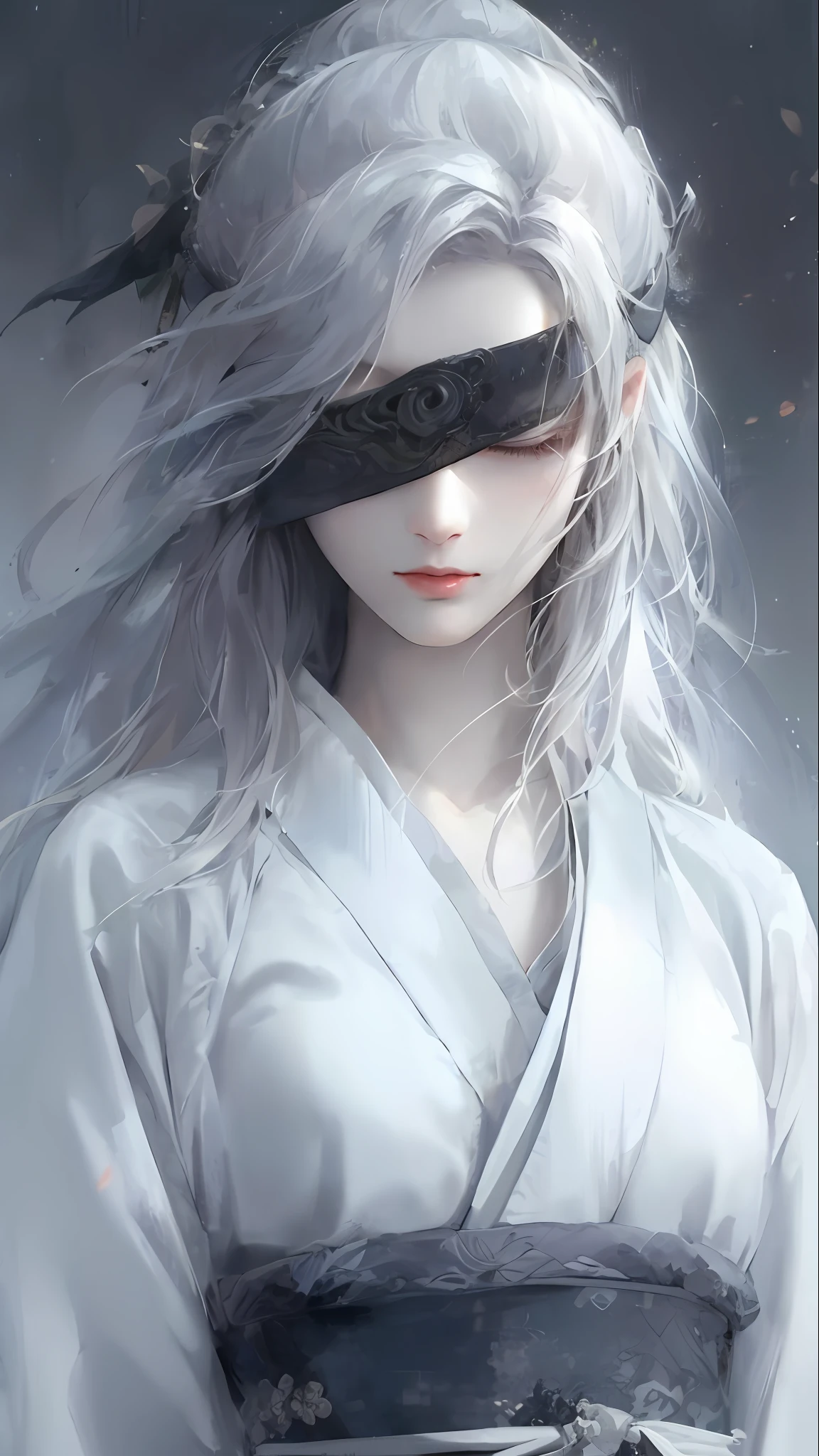 Close-up of a woman with white hair and white mask, closed eyes, beautiful figure painting, Guviz, Guwiz style artwork, white-haired god, Yang J, epic exquisite character art, stunning character art, Fan Qi, Wu Zhun Shifan, Gu Wiz in Pixiv Art Station