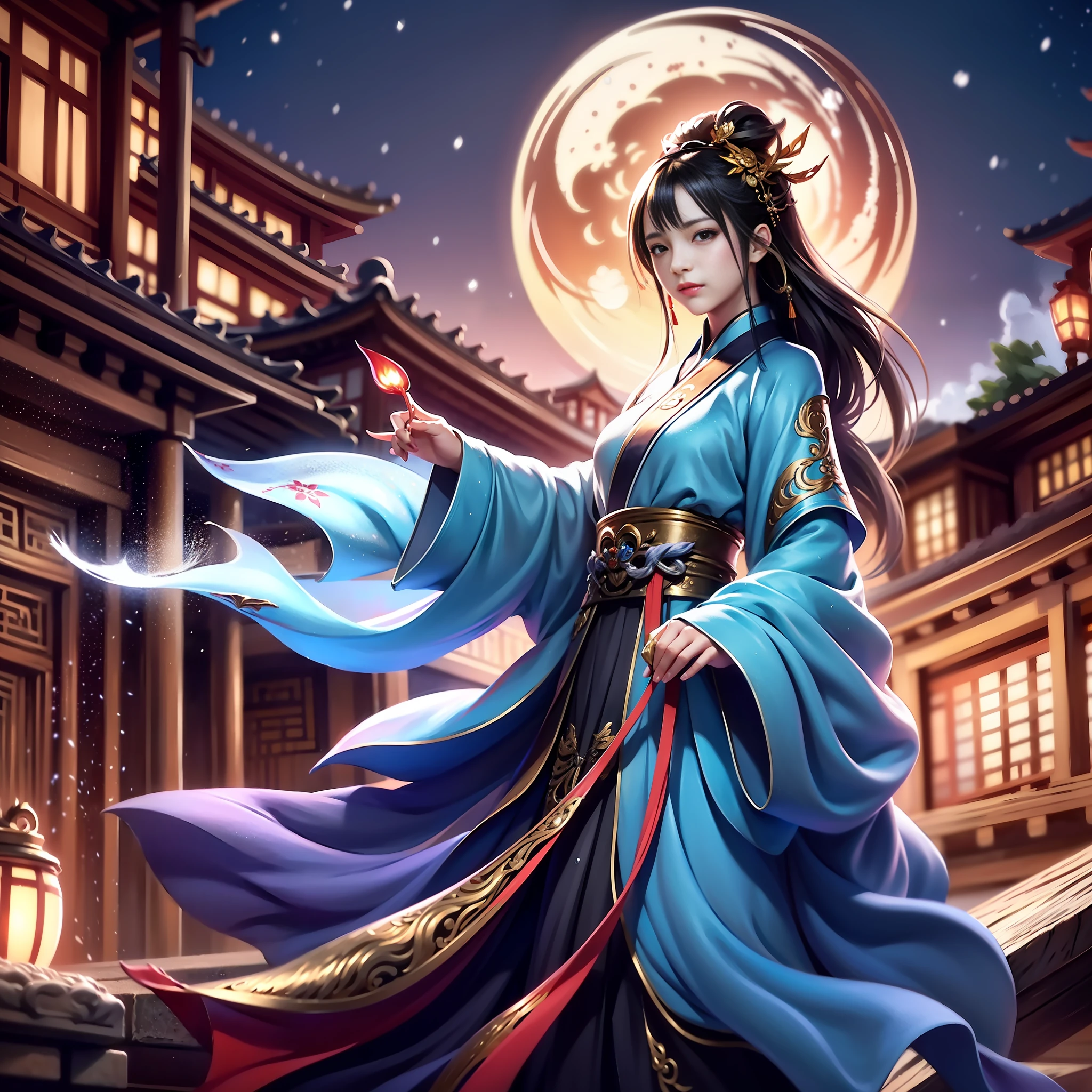 (8k, RAW photo:1.2), best quality, ultra high res,dramatic angle,(fluttered detailed color splashs), (illustration),(((1 girl))),(long hair),(rain:0.9), (头饰:1.4),少女身边有一座古宫,汉服,(重点),彩色水墨画,(泼彩),泼彩,(((colorful))),(素描:0.8) , Masterpiece, best quality, beautiful painted, highly detailed,(denoising:0.6),[splash ink],((ink refraction)), (beautiful detailed sky),moon,highly,detaild,(masterpiece, best quality, extremely detailed） CG unity 8k壁纸，杰作，最好的质量，超详细），（石蒜），