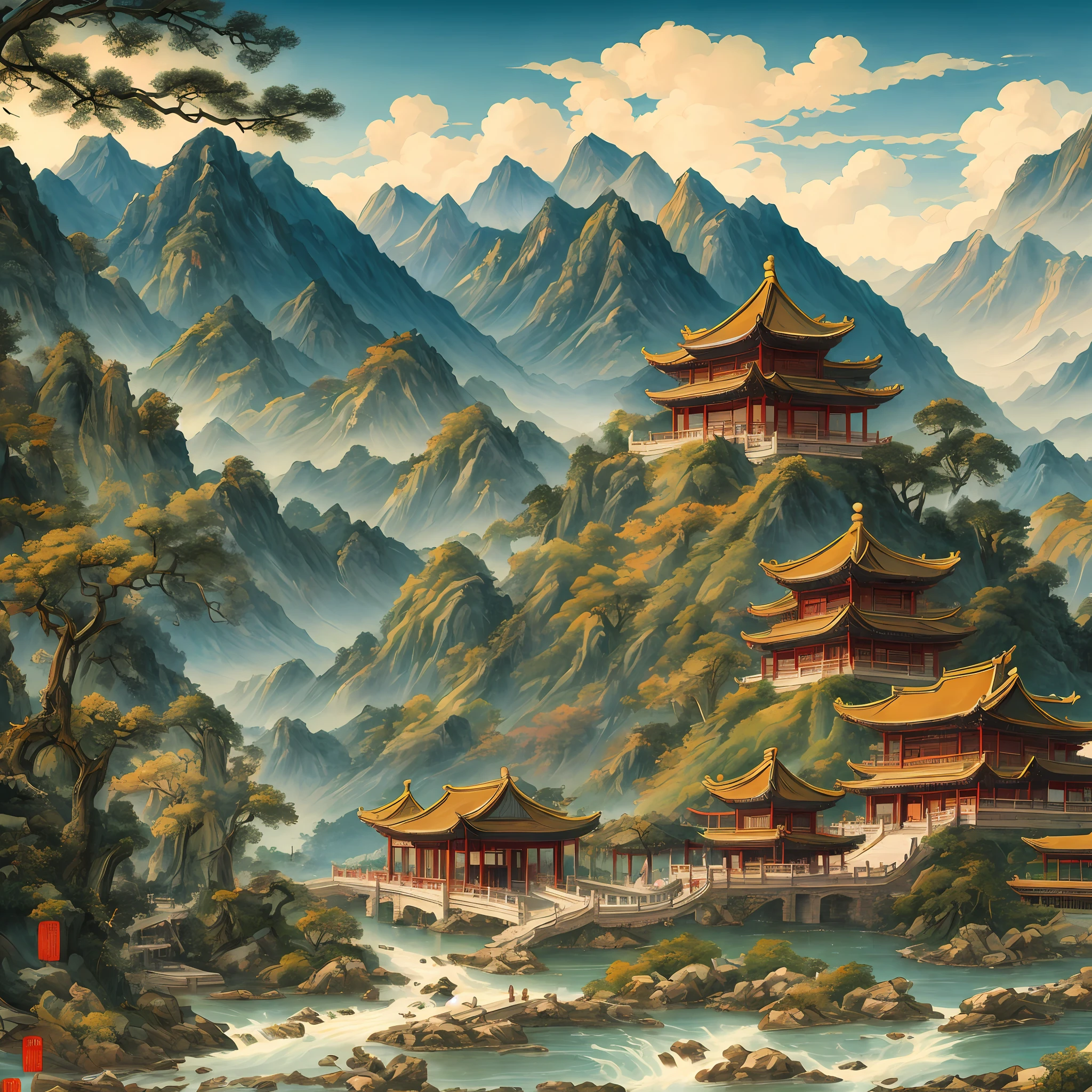 An ancient Chinese painting, ancient Chinese background, mountains, rivers, auspicious clouds, pavilions, sunshine, masterpieces, super detail, epic composition, ultra HD, high quality, extremely detailed, official art, unified 8k wallpaper, Super detail, 32k -- v 6 --auto