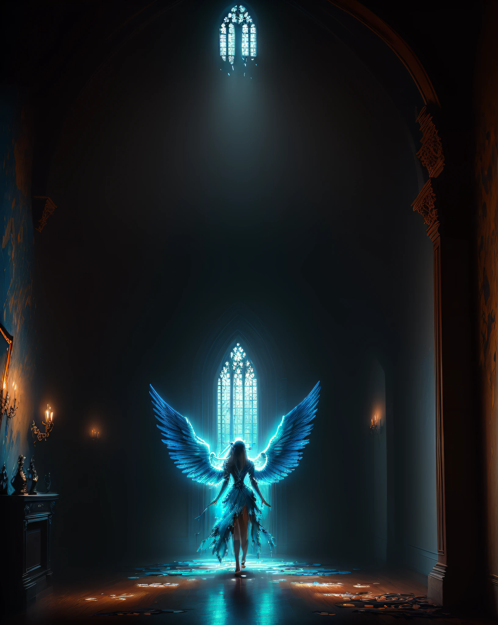 ((medium close shot)), (((goddess with beautiful wings)), ((long flowing hair)), ((wings spread wide from side to side)), (translucent), (blue shining transparent), (ethereal), (otherworldly), (medieval torn and shabby dress flows), (barefoot), (floating in the air), inside the corridors of the castle ballroom of an ancient, detailedly equipped castle, (floating), ( Dark interior), particle effects, (dynamic pose), (good composition), (subtle lighting), (awarded), (breathtaking), (masterpiece),