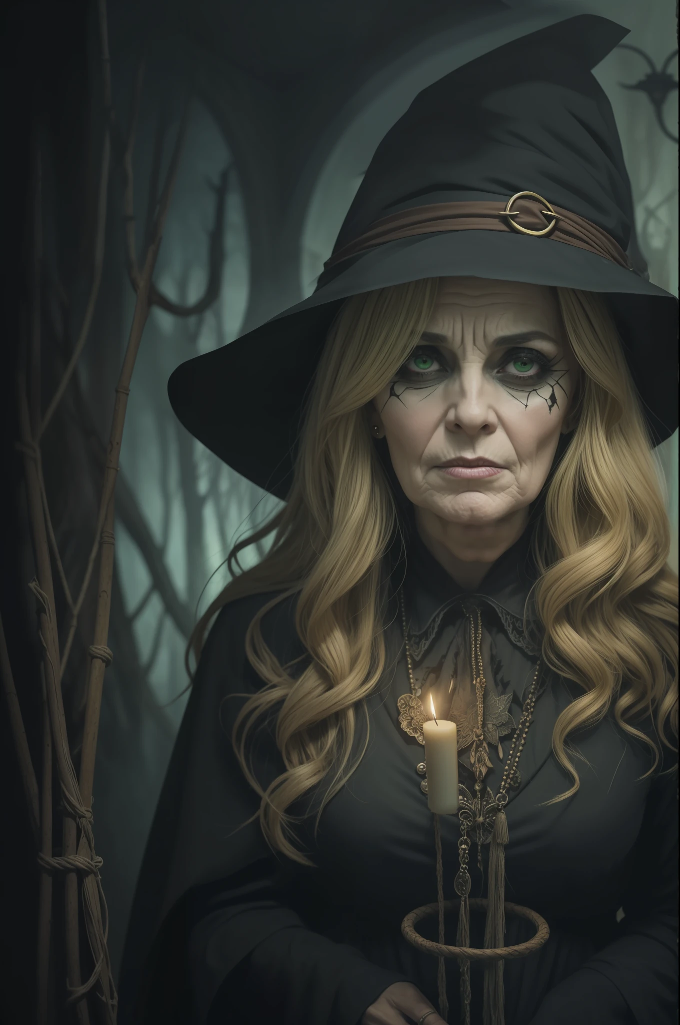 In this dark and mysterious scene, I see a middle-aged witch. She has blonde hair, and as the years go by, her face looks vicissitudes and ancient. Her face is engraved with the marks of time, and the wrinkles deeply portray the tribulations and sufferings she has experienced. Her eyes flashed with an ineffable wisdom and intrigue. She wore a black robe, as if she was one with the darkness.
In this scene, the witch is standing in a dilapidated wizard's house. The walls of the house are covered with ancient magic charms and mysterious spells. The candlelight in the room flickered, casting strange shadows, making the whole space seem even more eerie and eerie. The stone stove in the corner of the house burns with green flames, exuding a mysterious atmosphere.
The witch holds an ancient scroll densely written with the secret knowledge she possesses. Her fingers glided lightly across the scroll, as if searching for some particular spell or taboo secret. Her gaze is focused and deep, as if she can see through people's true thoughts.
There is a mysterious and terrifying atmosphere throughout the scene, which makes people feel a chill. The existence of this middle-aged witch seems to be a shadow hidden in the darkness, and her presence makes people feel inexplicable fear and awe.