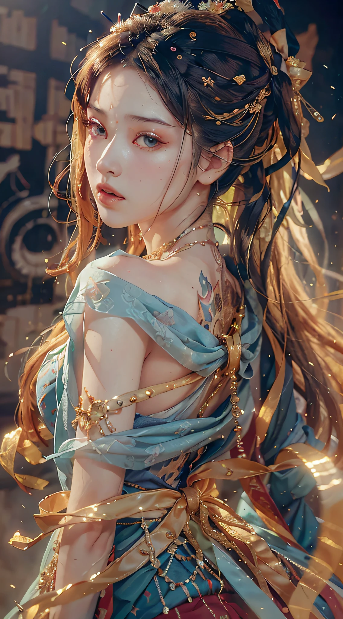 (RAW Photo, Best Quality), (Realistic, Photo Realistic: 1.3), Best Quality, Highly Detailed, Masterpiece, Hyper Detail, Illustration, 1 Girl, (looking_back), Dynamic Angle, World Masterpiece Theater, messy_long_hair, Best Quality, Extremely Detailed CG Uniform 8k Wallpaper, Ink, Amazing, Cinematic Lighting, lens_flare,dunhuang_style