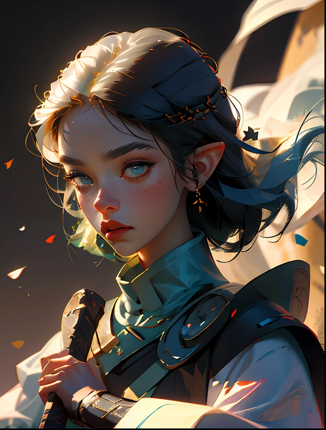 Beautiful young samurai girl, realistic white elf, focus on facial particles, black clothes