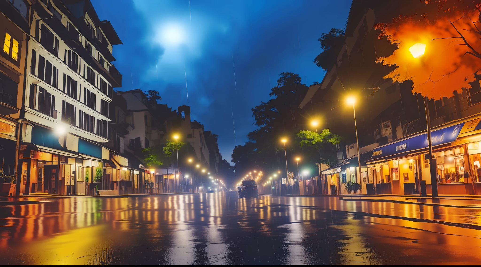 View of a street with a Victorian-era wagon parked on the side of the road, old colonial city street rainy night, it rains torrentially, it's night and it's raining a lot, rainy night, rainy streets in the background, raining at night, night heavy rain, city at night in the rain, rainy night, rainy city at night, deserted wet street at night, Wet streets, on a street at night --auto --s2