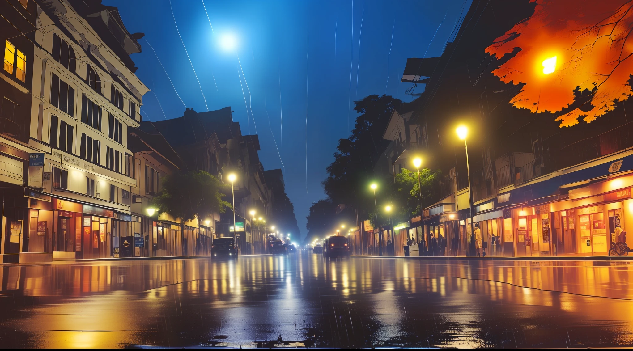 View of a street with a Victorian-era wagon parked on the side of the road, old colonial city street rainy night, it rains torrentially, it's night and it's raining a lot, rainy night, rainy streets in the background, raining at night, night heavy rain, city at night in the rain, rainy night, rainy city at night, deserted wet street at night,  Wet streets, on a street at night --auto --s2