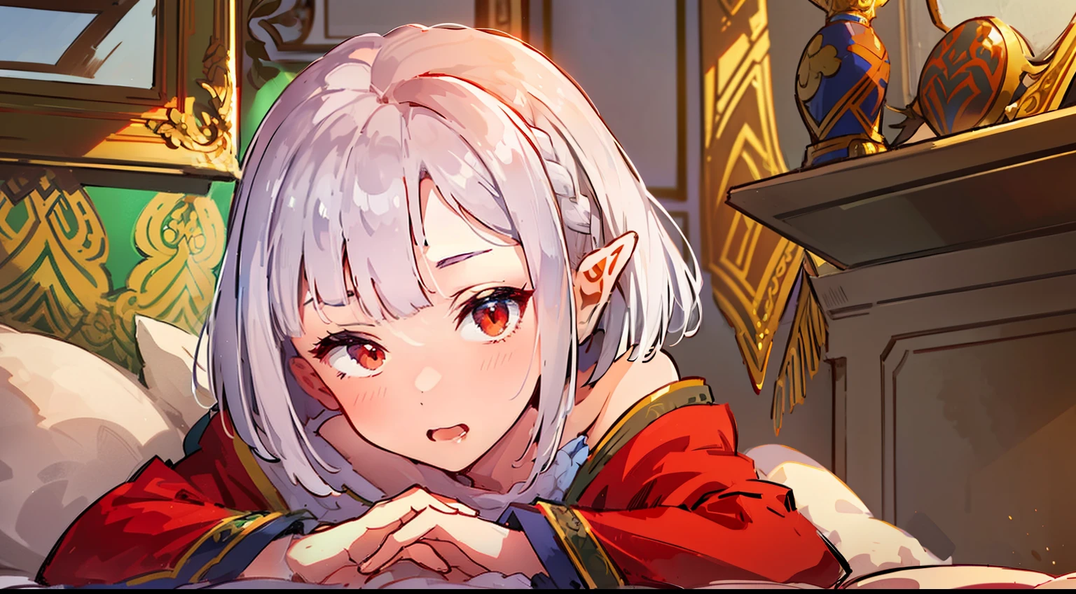 ((Put your hands on your face)), (surprised)), (Red face), 1 girl closeup, Elf, Silver hair, Red eyes, Braid hair, Bob cut, Wizard, Robe, Ruffles, Tights, Cloak, Indoors, Bed, Sleeping, TS, Concept art, Beautiful anime scene, Beautiful anime scenery, Best quality, Masterpiece, 4K