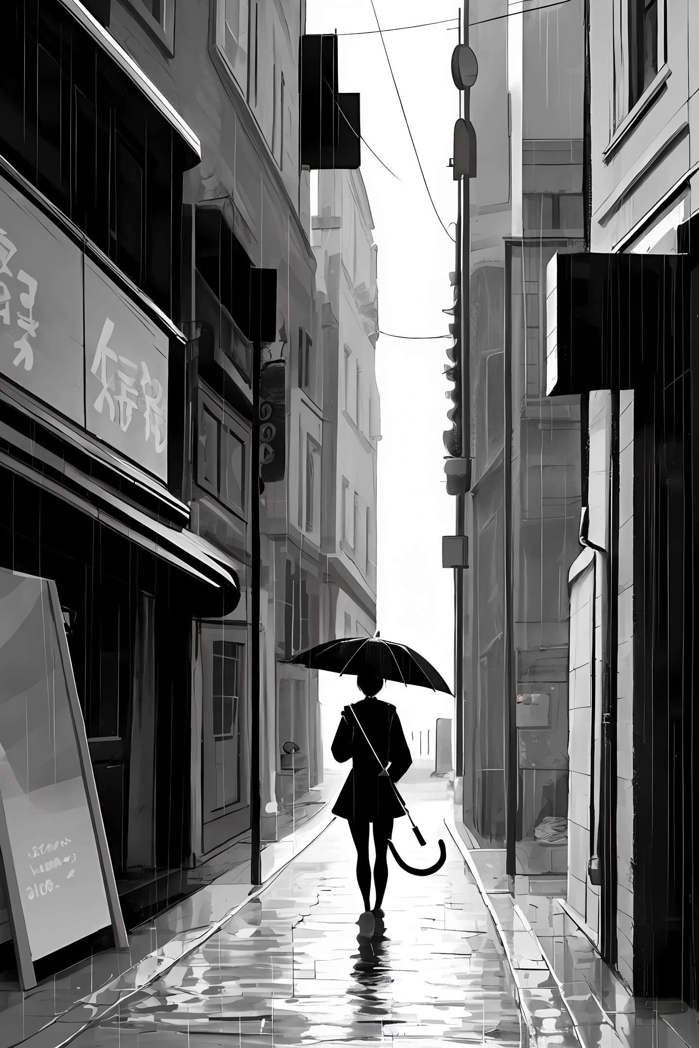 Oil painting material, street, doorway, dirty stray cat, rain, silhouette of figure holding umbrella, large color block, warm color, thick line