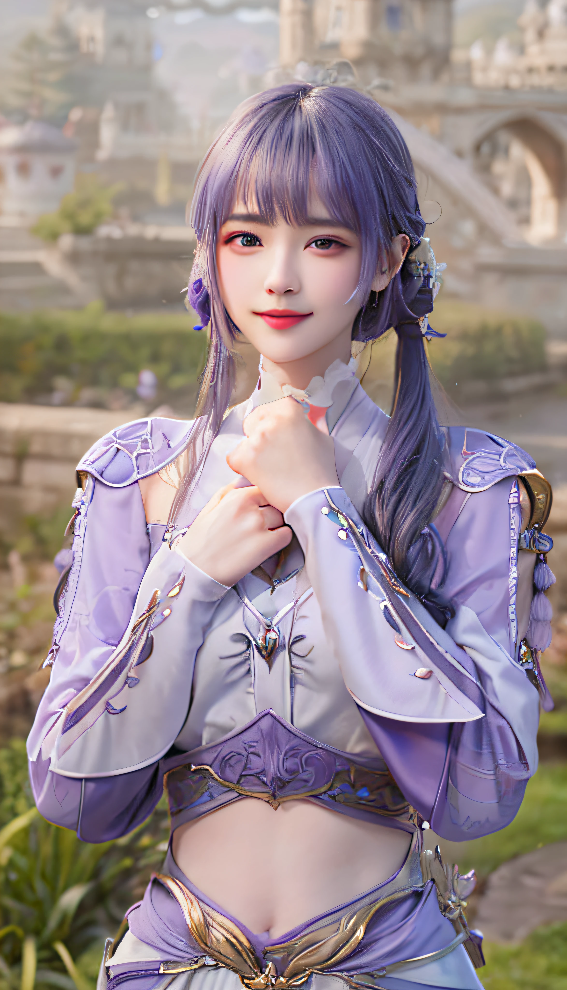 A close-up of a person in purple costume and purple hair, seductive princess knight, beautiful woman with violet skin, giggling character, ultra-detailed fantasy character, Yunling, full body fairy, Hirase Jinyao, beautiful and elegant queen, portrait of the queen, beautiful woman with gorgeous robes,