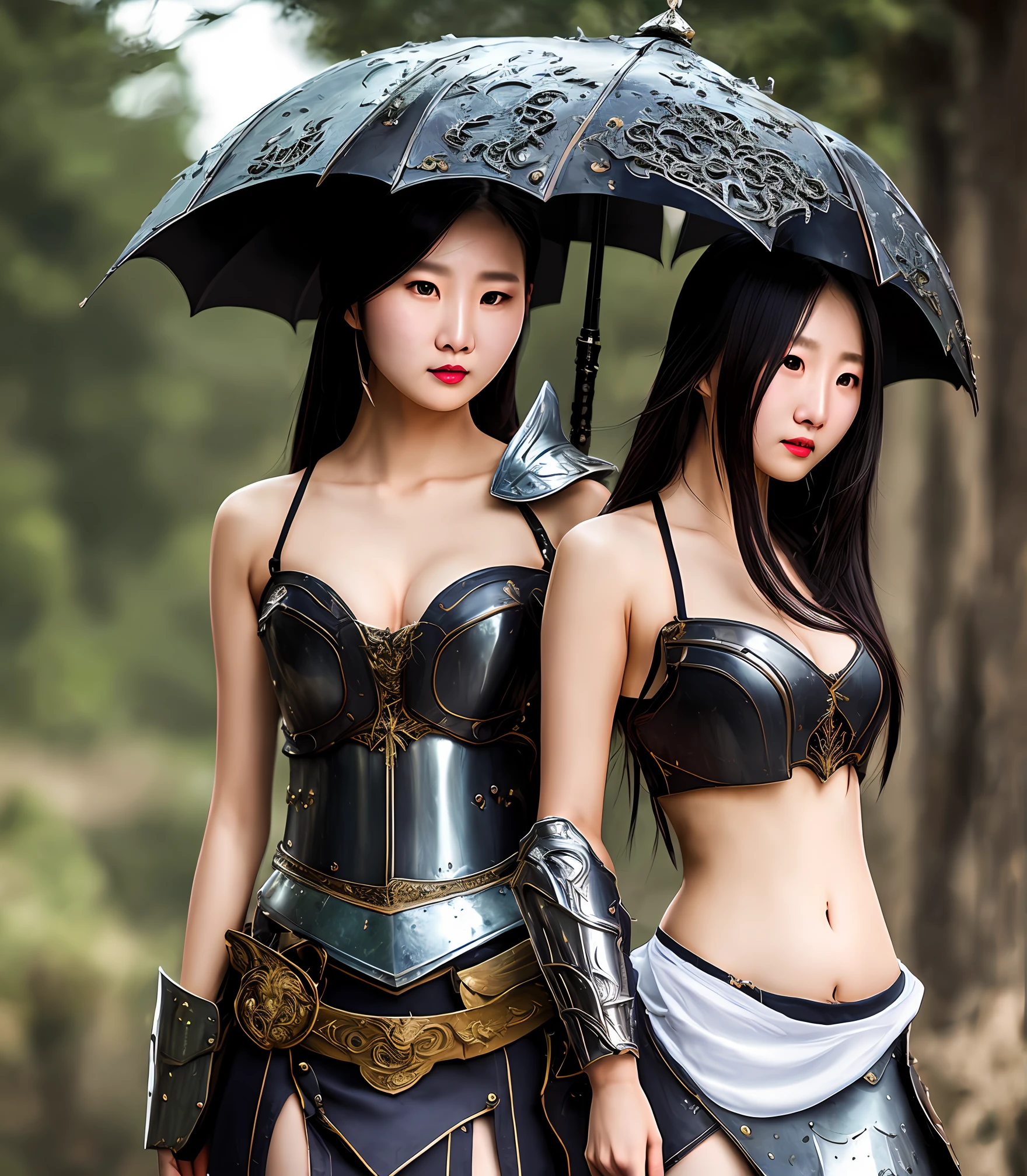 8k, complex, elegant, highly detailed, majestic, digital photography, cowboy lens, surrealist painting, broken glass, beating magic, (masterpiece, side light, fine beautiful eyes: 1.2), HDR, void 5 energy lightning storm, (Chinese girl, black eyes: 1.5), pale skin, glowing skin, battle stance, delicate face, black hair, wearing palatial battle armor, bare shoulders, soft belly, short skirt, fine metal armor, raining, beautiful, facing the audience, Facing the camera, masterpiece, upper body,