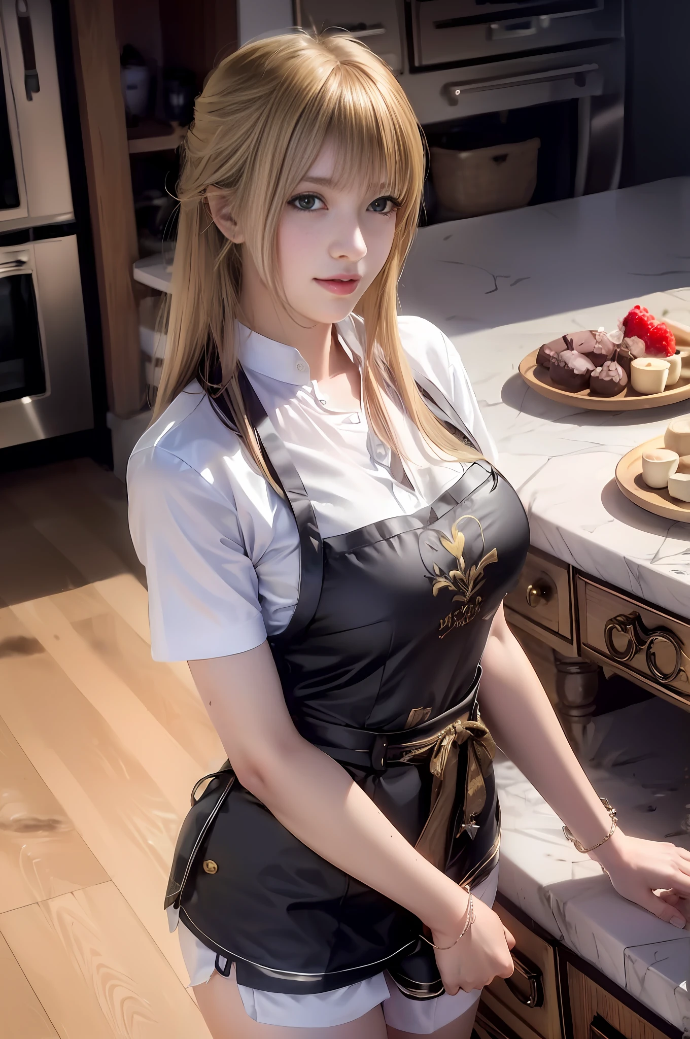 Blonde woman in black apron standing in kitchen next to the counter, gorgeous maid, anime girl cosplay, maid costume, white haired Tifa Lockhart, anime girl in maid costume, Tifa Lockhart, catboy cosplay! Maid! Dress, anime girl in real life, good facial features