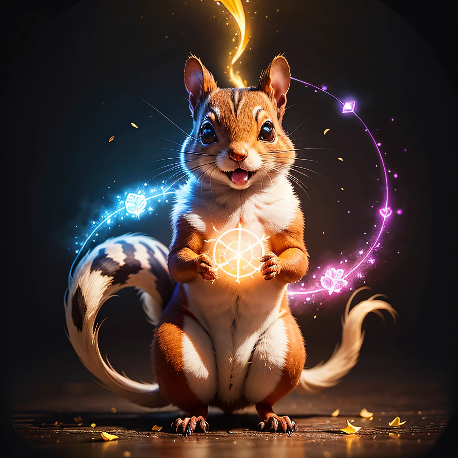 a painting of a colorful squirrel on a black background,, breathtaking rendering, within a radiant connection, inspired by Kinuko Y. Craft,, magical elements, kitten icon, wow, is beautiful, casting a multi colorful spell, bright flash, flash --auto