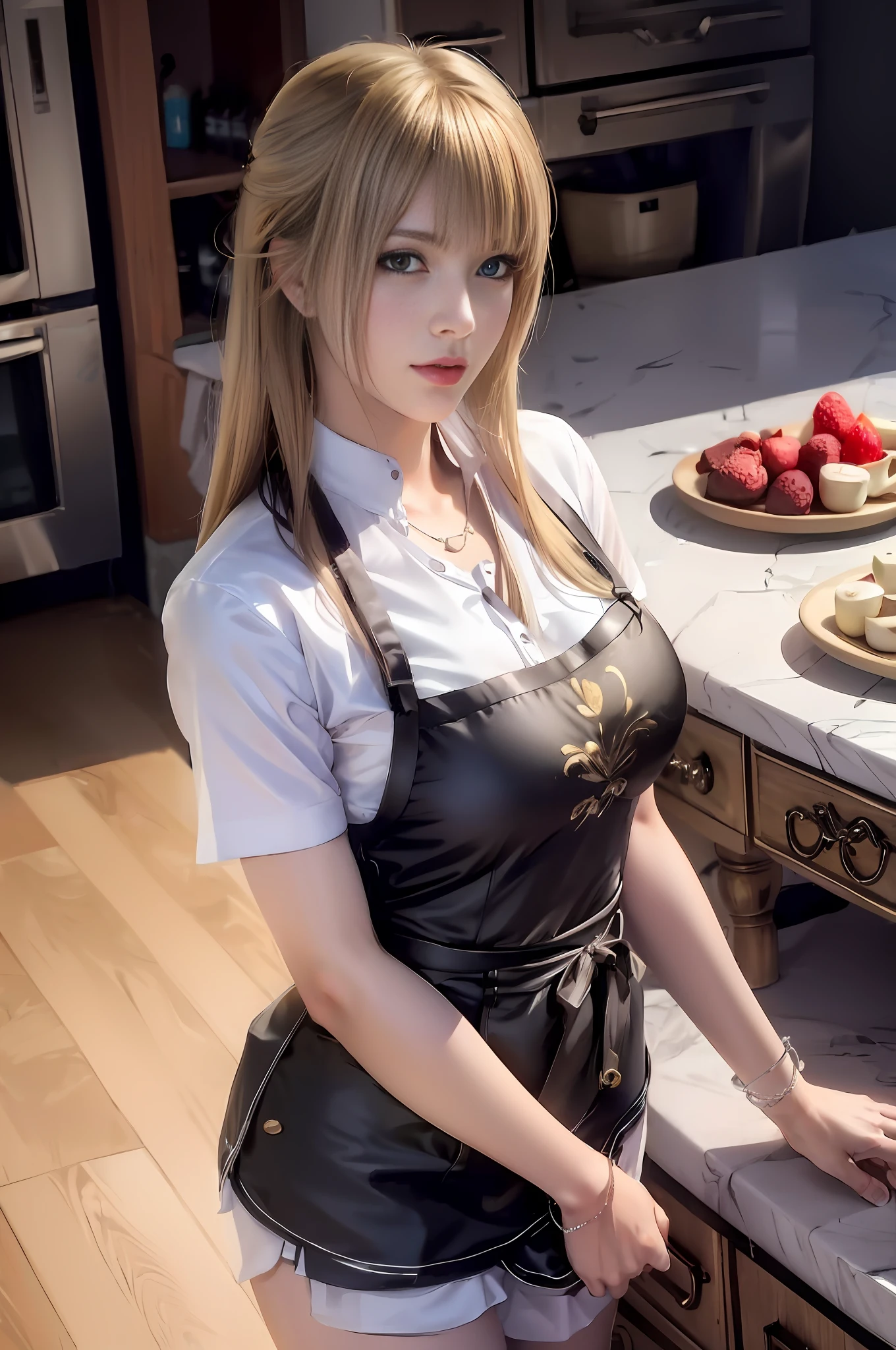 Blonde woman in black apron standing in kitchen next to the counter, gorgeous maid, anime girl cosplay, maid costume, white haired Tifa Lockhart, anime girl in maid costume, Tifa Lockhart, catboy cosplay! Maid! Dress, anime girl in real life, good facial features