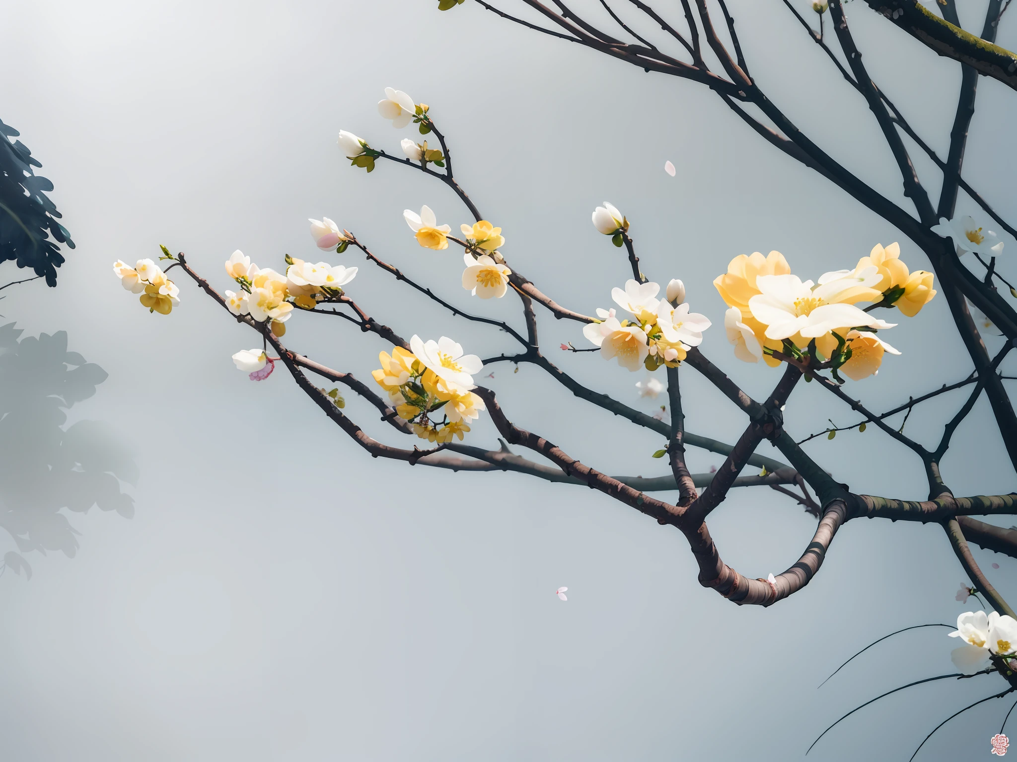 there is a yellow flower on a tree branch in front of a white wall, with yellow flowers around it, flowers blooming, flower, sakura blooming on background, yellow flowers, 中 元 节, flowers in background, blooming flowers, blossoms, plum blossom, bloom and flowers in background, flower blossoms, inspired by Xie Shichen, japanese related with flowers