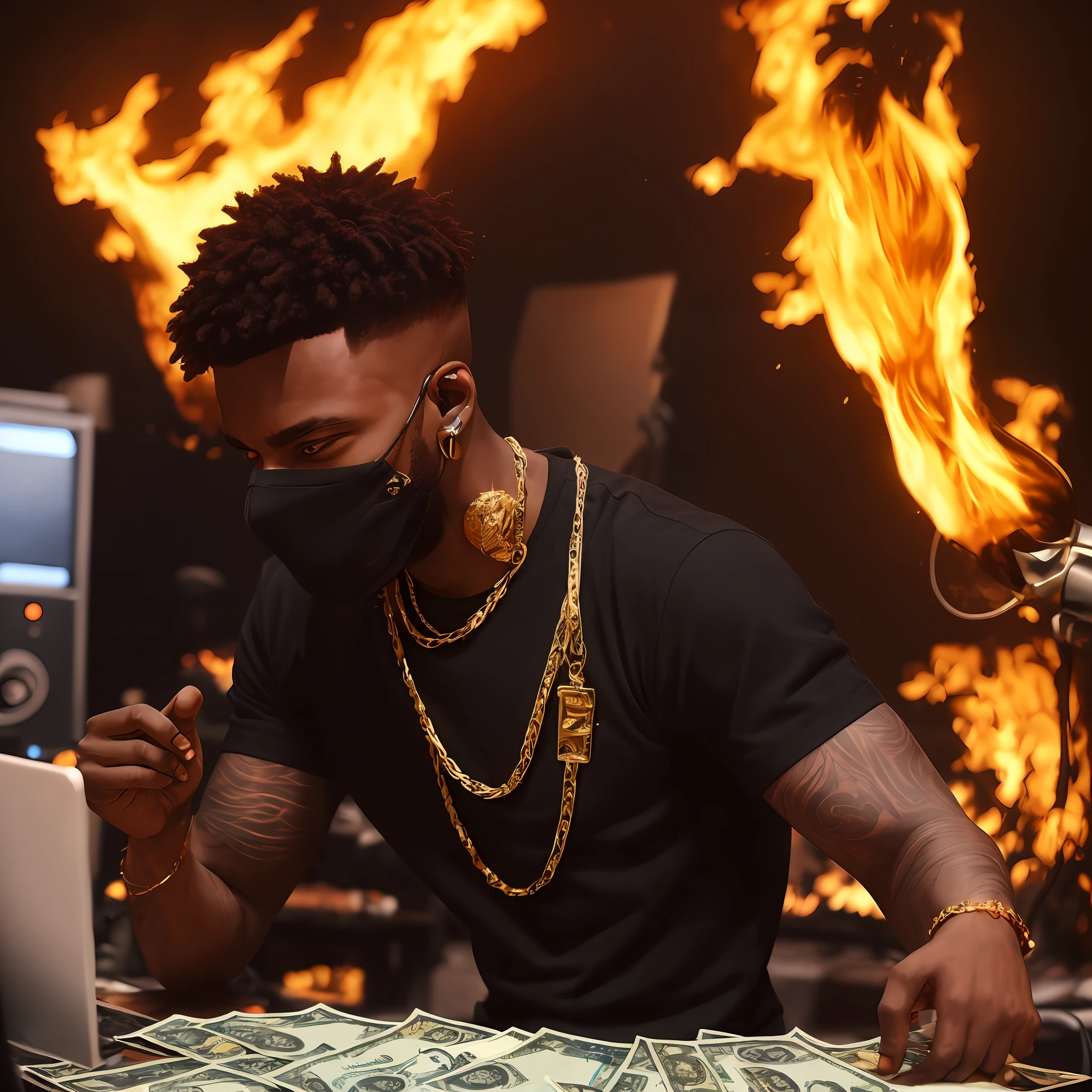 A young black rapper in the studio on fire with gold chains around his neck and eyes shining and with a mask closing his face and a lot of burnt money falling --auto