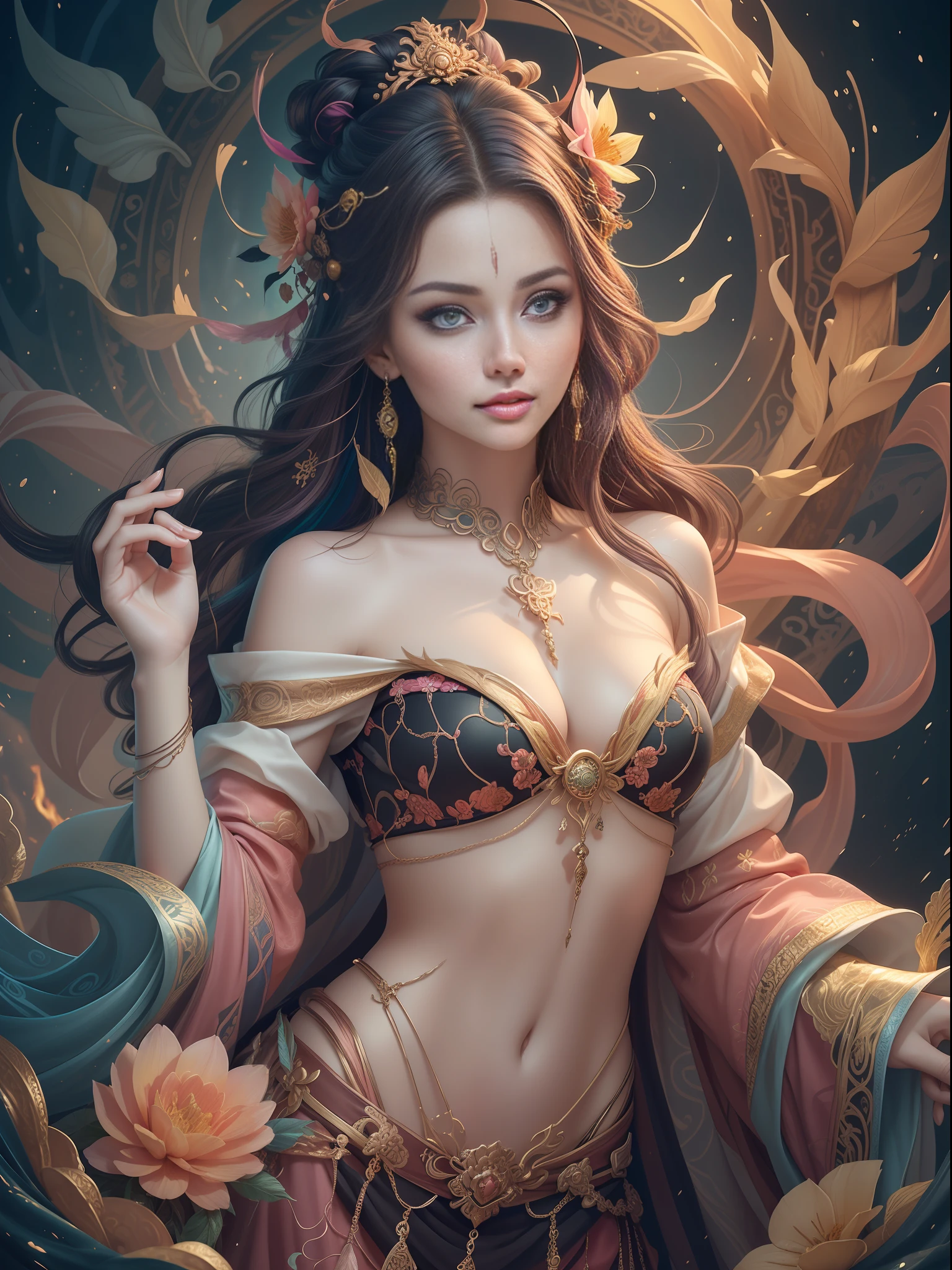 Smooth and dynamic girl, wearing loose flowing pink dress, mystical look, curly black-pink hair, [Aishwaryarai], bold and colorful abstract art in modern and abstract environment, blurred background, bright light, official art, Unity 8k wallpaper, (Zentangle, mandala, tangled, tangled), complex clothes, strokes (full body, From all directions, masterpieces, highest quality, highest quality, official art, Beauty and aesthetics: 1.2), Very detailed, (Fractal Art: 1.1), (Color: 1.1) (Flowers: 1.3), Best Detail, (Zentangle: 1.2), (Dynamic Pose), (Abstract background: 1.3), (Glossy skin), (Multiple colors: 1.4), (Feathers: 1.5), Dynamic angle, The most beautiful chaotic shapes, elegant, Fauvist design, bright colors, romanticism, dark style beautiful princess of the underworld creepy bad smile complex tattoo anime 3d art style 3d dark night deep black sky horror ((cold complex skull accessories)) (gubes style artwork) (black chinese style underground palace with huge complex structure in the backgroundLeica lens depth of field (masterpiece, highest quality, highest quality, official art, beauty and aesthetics: 1.2), (1 girl: 1.3), (fractal art: 1.3) (masterpiece, highest quality, highest quality, official art, beauty and aesthetics: 1.2), (1girl), extreme detail, colorful, best detail, official art, unified 8k wallpaper, ultra detailed, beautifully aesthetic, beautiful, masterpiece, highest quality, ( Zentangle, Mandala, Tangled, Intertwined), Sacred Light, Gold Leaf, Gold Leaf Art, Glitter Painting, Masterpiece of PerfectNwsj MajMajic M Desfi, Best Quality, Hair Becomes Fire, Hair is Burning, Fantasy, (Ray: 1.05), Orange Light Particles, Landscape, Fire, Beautiful Detailed Explosion, Beautiful Detailed Glow, Flame Burns, Flame Burns, Fire Feather, Burning, Ash, (Red Sun: 1.05), (Characters Around the Flame: 1.1), Solo, Crazy Smile, (Detail: 1.05), High Resolution Illustration, Shining Skin, Colorful, (Ultra Fine: 1.1), (Illustration: 1.05), (Detail Light: 1.05), (Beauti