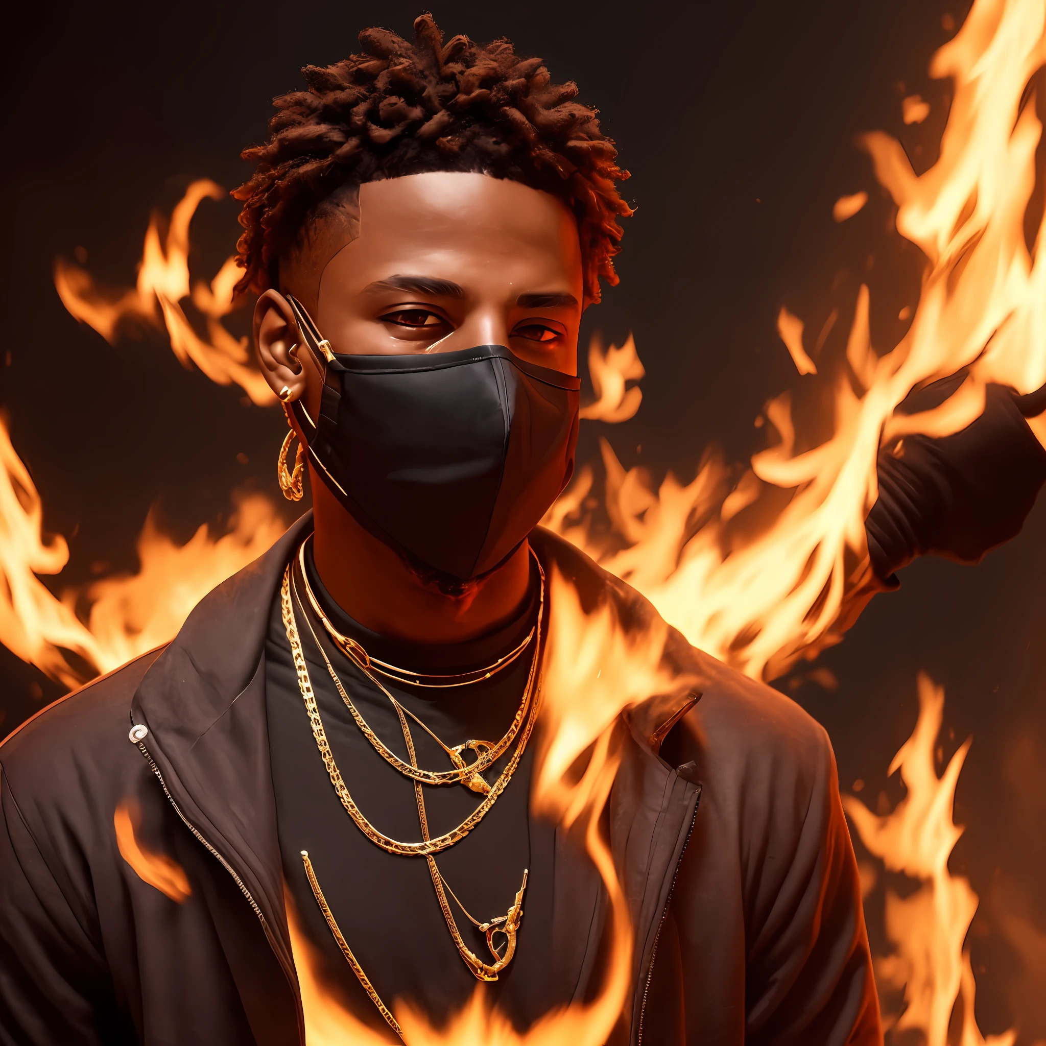 A young black rapper in the studio on fire with gold chains around his neck and eyes shining and with a mask closing his face and a lot of burnt money falling --auto
