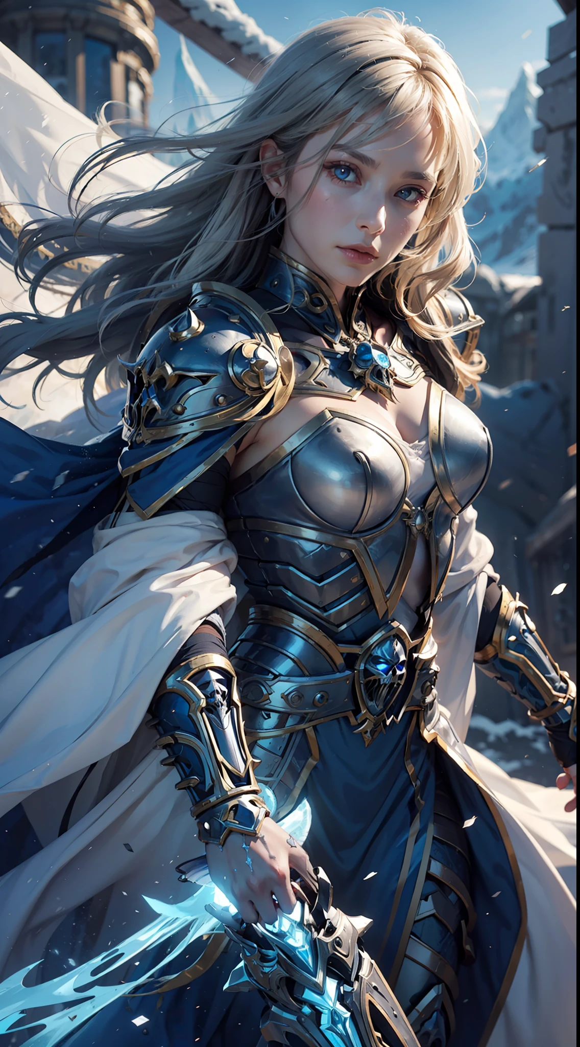 8k,Ultra Detailed, Masterpiece, Best Quality, (Very Detailed), Dynamic Angle, Mysterious Expression, Wind Effect, Fantasy Background, Edge Lighting, Cinematic Light, Ultra High Resolution, 8k Ultra HD, Film Grain, Best Shadow, Delicate, RAW, Light Particle, Detailed Skin Texture, Detailed Armor Texture, Detailed Face, Complex Detail, Ultra Detail, Bright, Strong, Silver Armor, (Handheld Weapon), Slash, Slash Action, Palanquin, Glow Eyes, Long Cloak, Fantasy, (Realistic), Shoulder Armor, Complex, intricate, perfectly illuminated, looking at the audience, cinematic lighting, flying in the sky, flying, holy light, vivid, bangs, wind, frozen mountains, long white wavy hair, Lich queen, mechanical skeleton