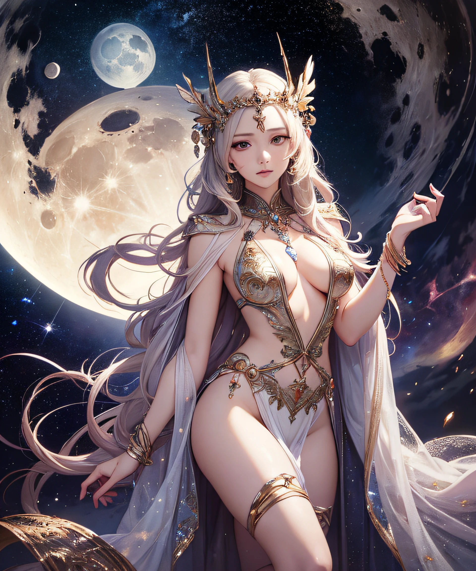 masterpiece, highest quality, realistic, wallpaper, official art, goddess of the moon, artemis, full body, transcendent beauty, bewitching, seduction, unknown, skin luster, hair luster, lonely eyes, age unknown