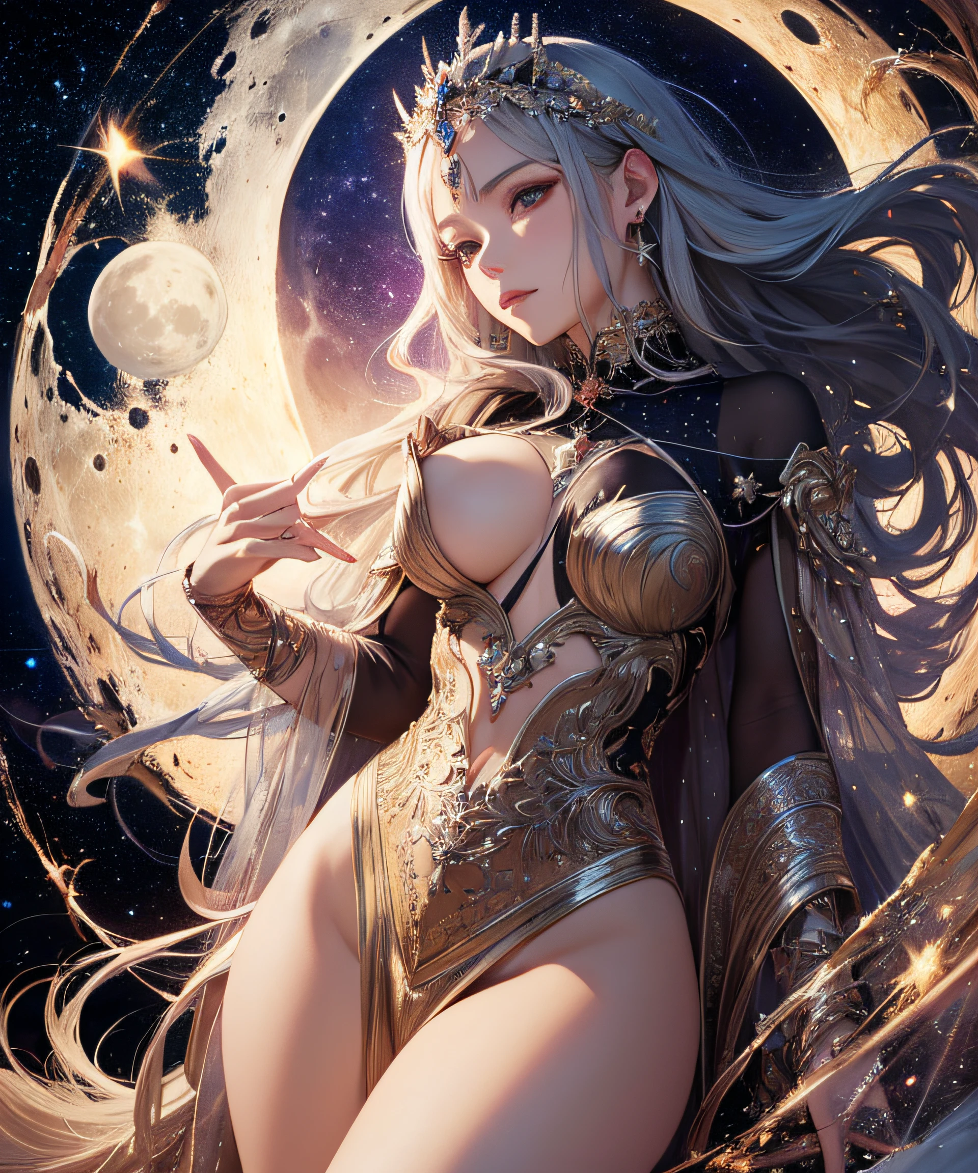 masterpiece, top quality, realistic, wallpaper, official art, goddess of the moon, artemis, full body, transcendent beauty, bewitching, seduction, unknown, skin luster, hair luster, lonely eyes, stars of the galaxy