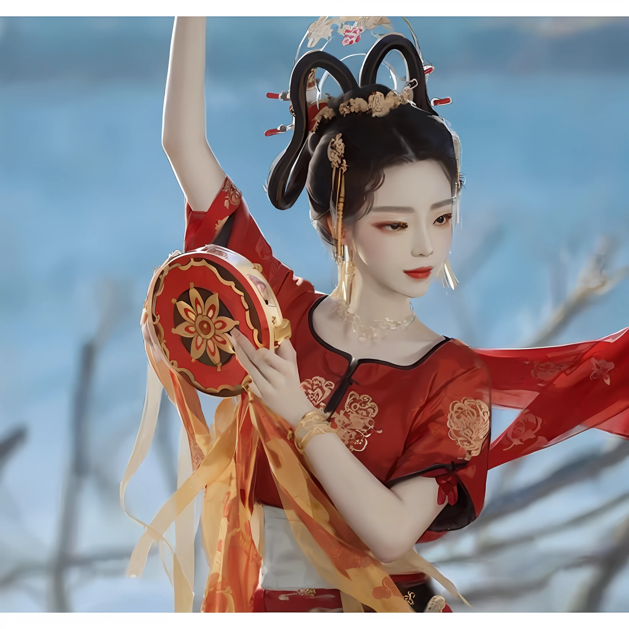 araffe woman in a red dress holding a fan and a red scarf, wearing ancient chinese clothes, with acient chinese clothes, hanfu, chinese style, traditional chinese clothing, traditional chinese, with ancient chinese aesthetic, chinese costume, beautiful render of tang dynasty, ancient china art style, ancient chinese princess, palace , a girl in hanfu, inspired by Lan Ying