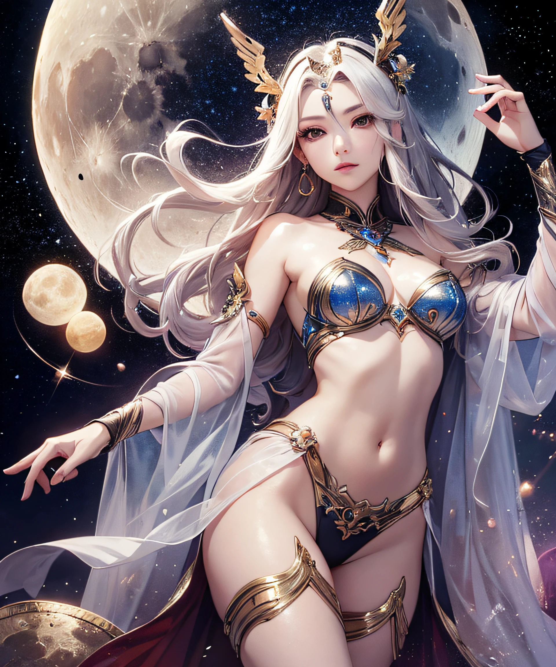 masterpiece, top quality, realistic, wallpaper, official art, goddess of the moon, artemis, full body, transcendent beauty, bewitching, seduction, unknown, skin luster, hair luster, lonely eyes, stars of the galaxy