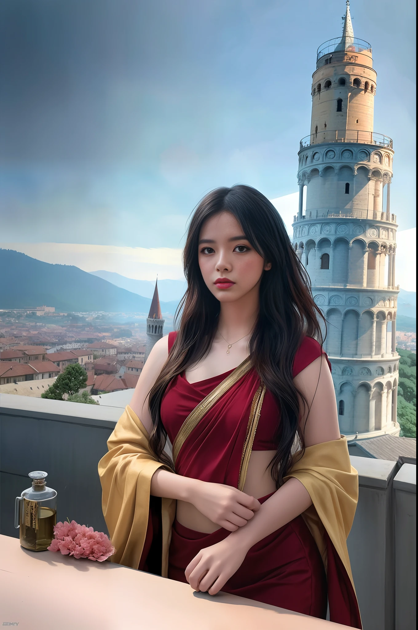 modelshoot style, (extremely detailed CG unity 8k wallpaper),full shot body photo of the most beautiful artwork in the world, stunningly beautiful photo realistic cute women intricately detailed costume, navel,princess eyes,(Leaning Tower Of Pisa background), professional majestic oil painting by Ed Blinkey, Atey Ghailan, Studio Ghibli, by Jeremy Mann, Greg Manchess, Antonio Moro, trending on ArtStation, trending on CGSociety, Intricate, High Detail, Sharp focus, dramatic, photorealistic painting art by midjourney and greg rutkowski
