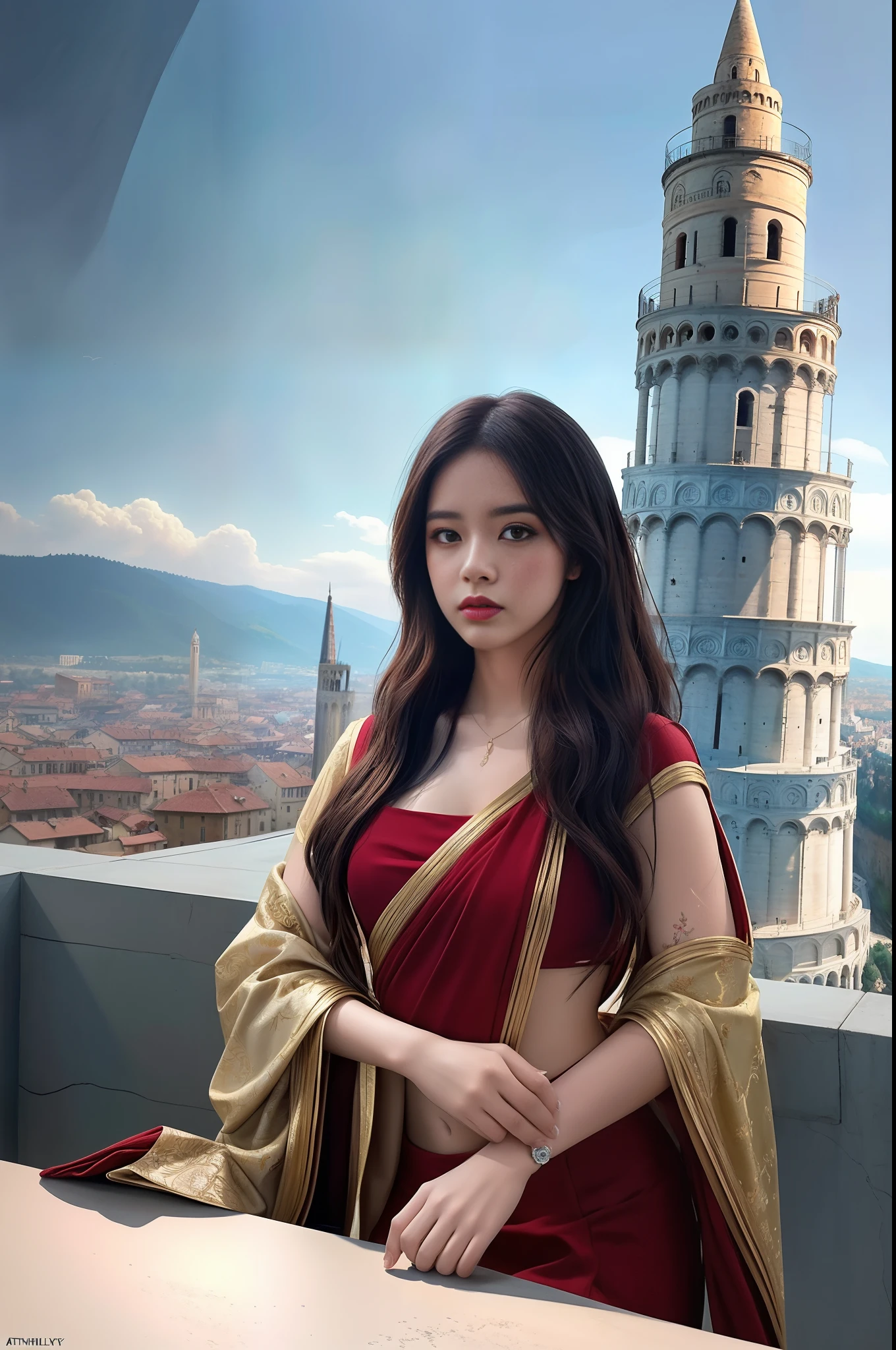 modelshoot style, (extremely detailed CG unity 8k wallpaper),full shot body photo of the most beautiful artwork in the world, stunningly beautiful photo realistic cute women intricately detailed costume, navel,princess eyes,(Leaning Tower Of Pisa background), professional majestic oil painting by Ed Blinkey, Atey Ghailan, Studio Ghibli, by Jeremy Mann, Greg Manchess, Antonio Moro, trending on ArtStation, trending on CGSociety, Intricate, High Detail, Sharp focus, dramatic, photorealistic painting art by midjourney and greg rutkowski