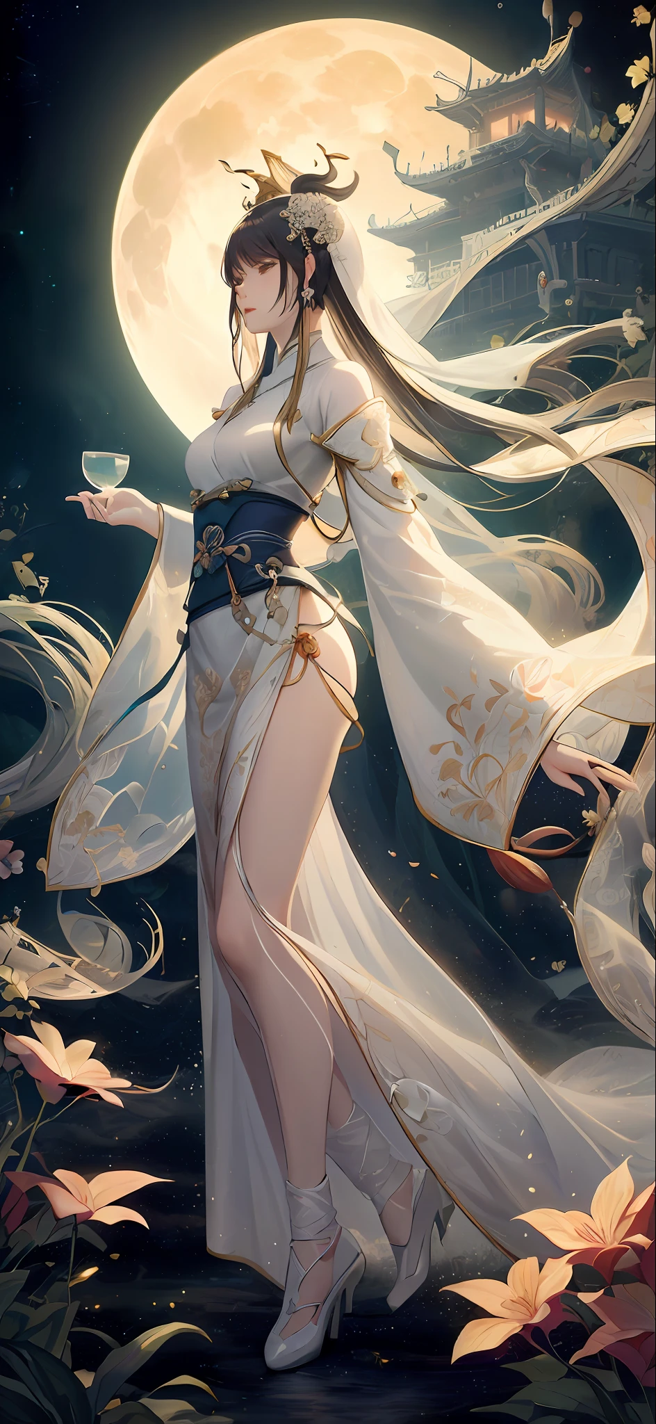 a woman in a white dress standing in front of a full moon, full body xianxia, flowing magical robe, white hanfu, ((a beautiful fantasy empress)), a beautiful fantasy empress, flowing white robes, inspired by Ma Yuanyu, ethereal fantasy, xianxia fantasy, inspired by Li Mei-shu, beautiful celestial mage, lunar themed attire