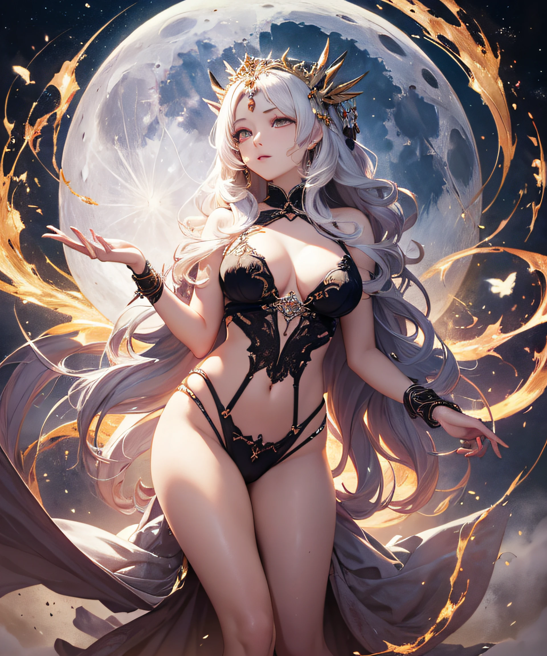 masterpiece, highest quality, realistic, wallpaper, official art, goddess of the moon, artemis, full body, transcendent beauty, bewitching, seduction, unknown, skin luster, hair luster, lonely eyes, age unknown