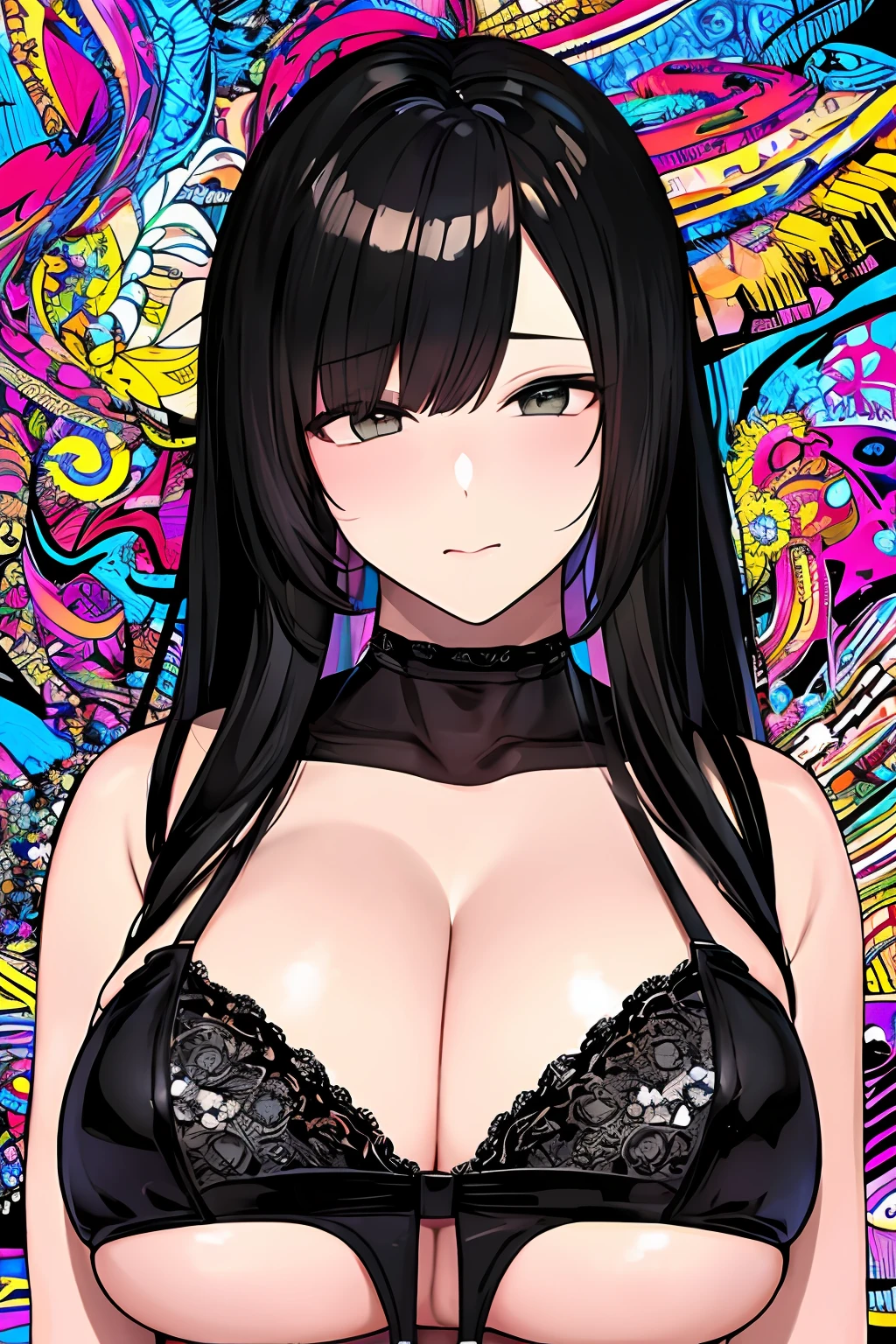 (Masterpiece, Top Quality, Best Quality, Official Art, Beautiful and Aesthetic: 1.3), (1 Girl: 1.5), (Front))), Very Detailed, (Fractal Art: 1.1), Supreme Detail, (Zentangle: 1.2), (Abstract Background: 1.3), (Black Hair))), (Lingerie: 1.5), (Shiny Skin), (Many Colors: 1.1), (Big)))), Large breasts, Light areola