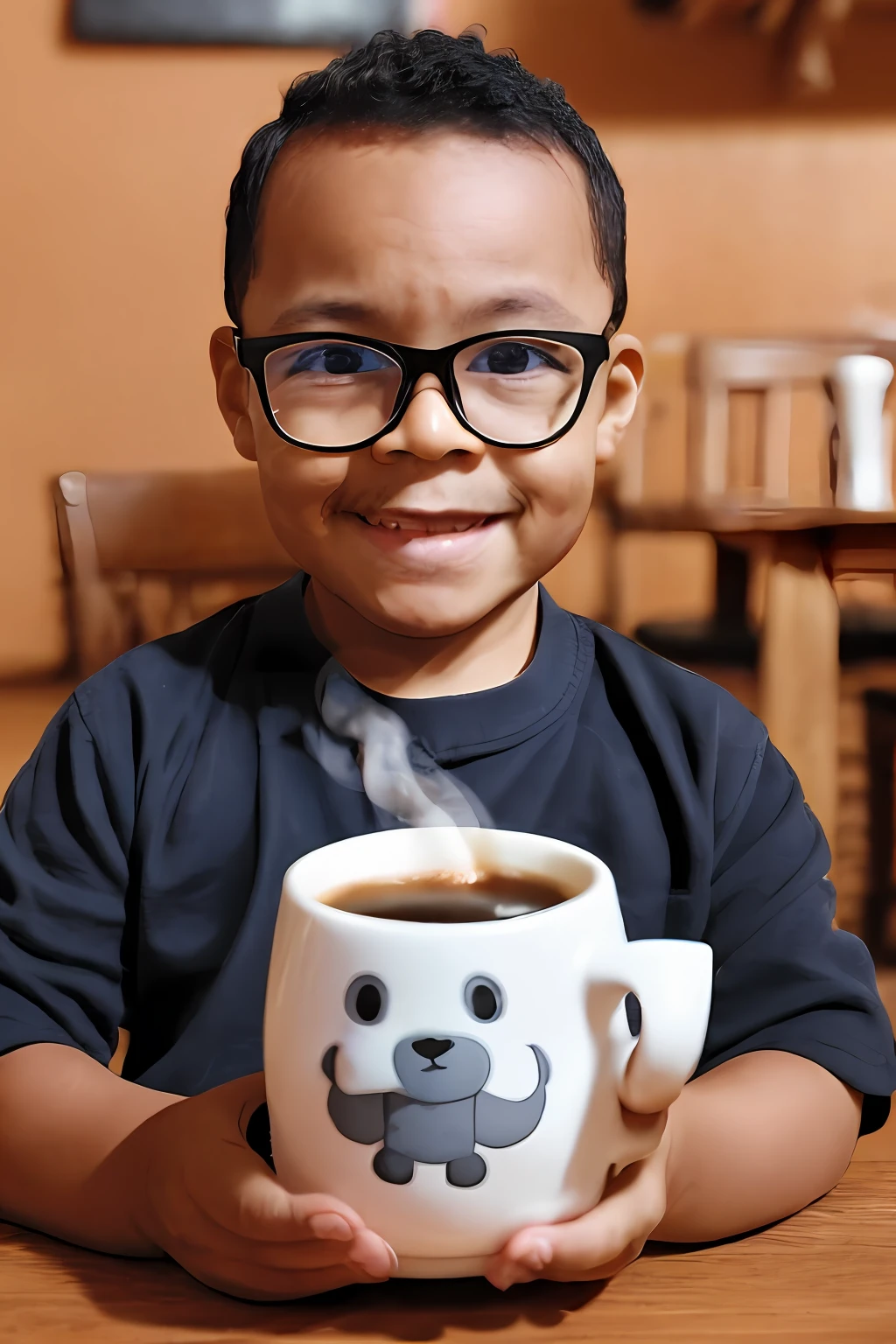 guttonerdvision6, award-winning full-length portrait of a happy 3--old wearing glasses, face skin, and detailed poros. He's got a hot cup of coffee with smoke in his hands, Intricate scene, realistic, cinematic, 8k, realistic