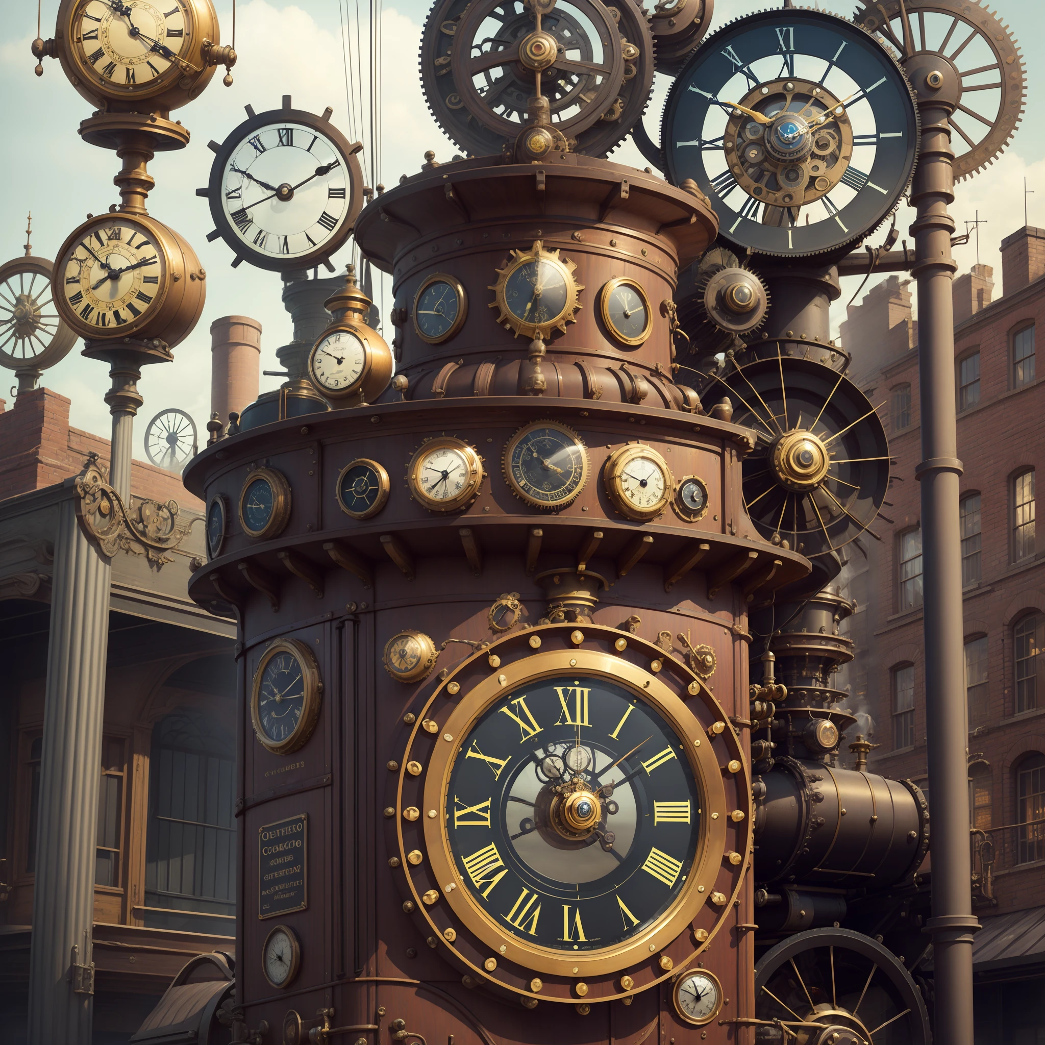 Steampunk, clock and cog street corner, steam car