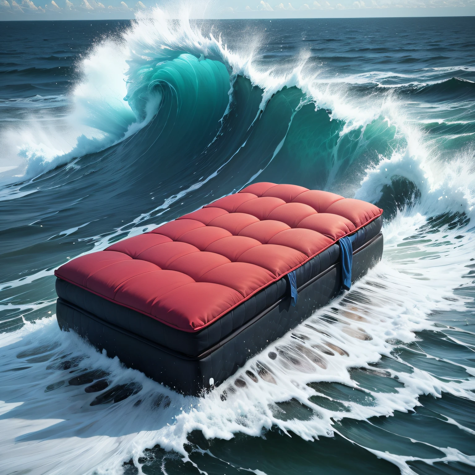 Mattress floating in a rough sea, wind and rain --auto