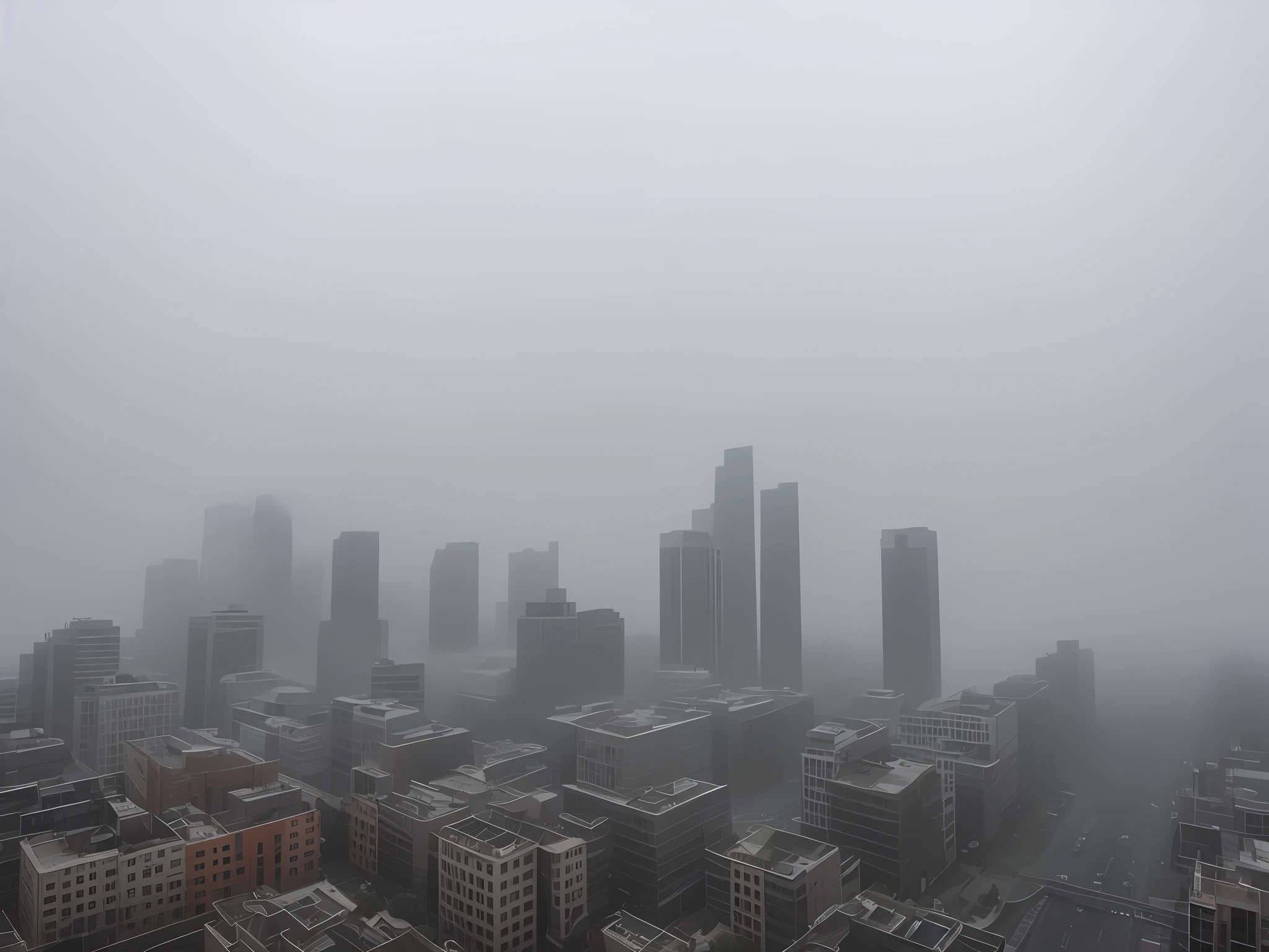 araffe view of a city in the fog with buildings and a clock tower, highly atmospheric and foggy, foggy weather atmosphere, mist below buildings, fogy, foggy photo 8 k, misty ominous atmosphere, foggy day outside, city fog, gloomy foggy atmosphere, in the bottom there a lot of fog, foggy day, fog in the background, uneven dense fog