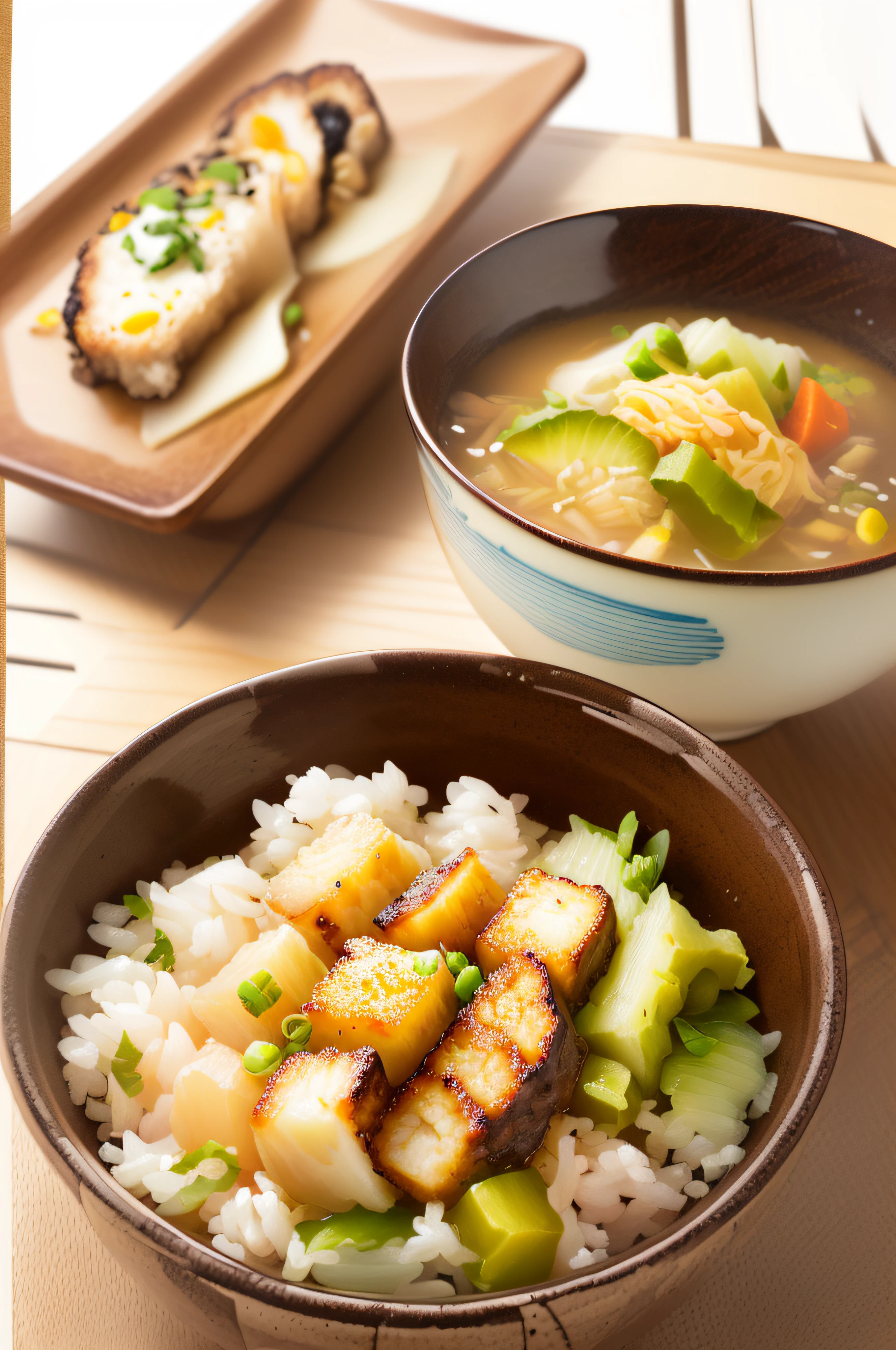 , Shuzo Oshita's style, traditional Japan inspired by Masamitsu Ota, rice, ayaka, kemono, soup, shin-hanga, shin-hanga, pochi iida, Japan, inspired by Shozaburo Watanabe