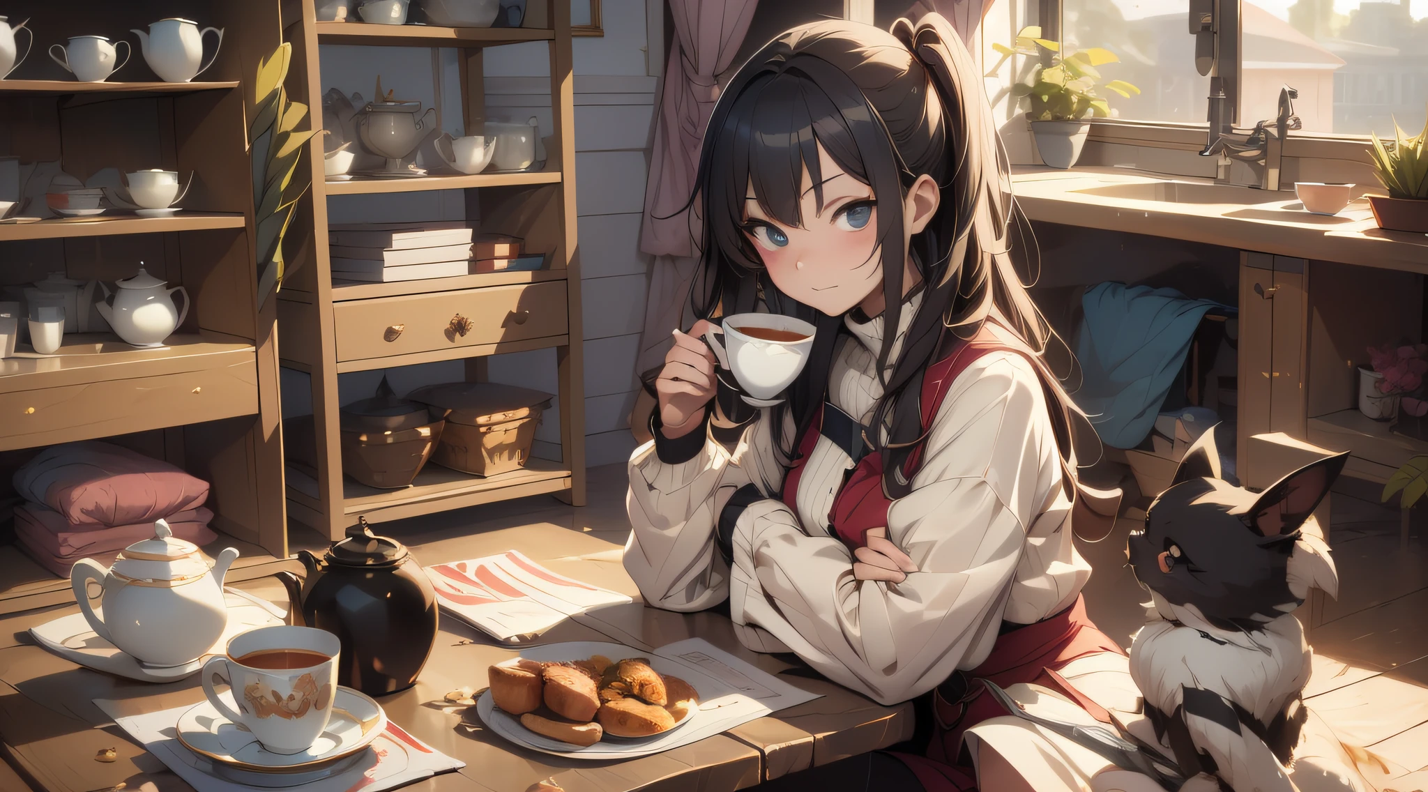 Anime girl sitting at table with a cup of tea, Guviz style artwork, anime style 4 K, anime art wallpaper 4 K, anime art wallpaper 8 K, anime art wallpaper 4K, Pixiv ArtStation on Guwiz, ArtStation Pixiv on Piiv, detailed digital anime art, 4k anime wallpaper, high resolution, super detailed, realistic texture, bold texture, crazy texture, delicate wood grain, warm sunlight, glow