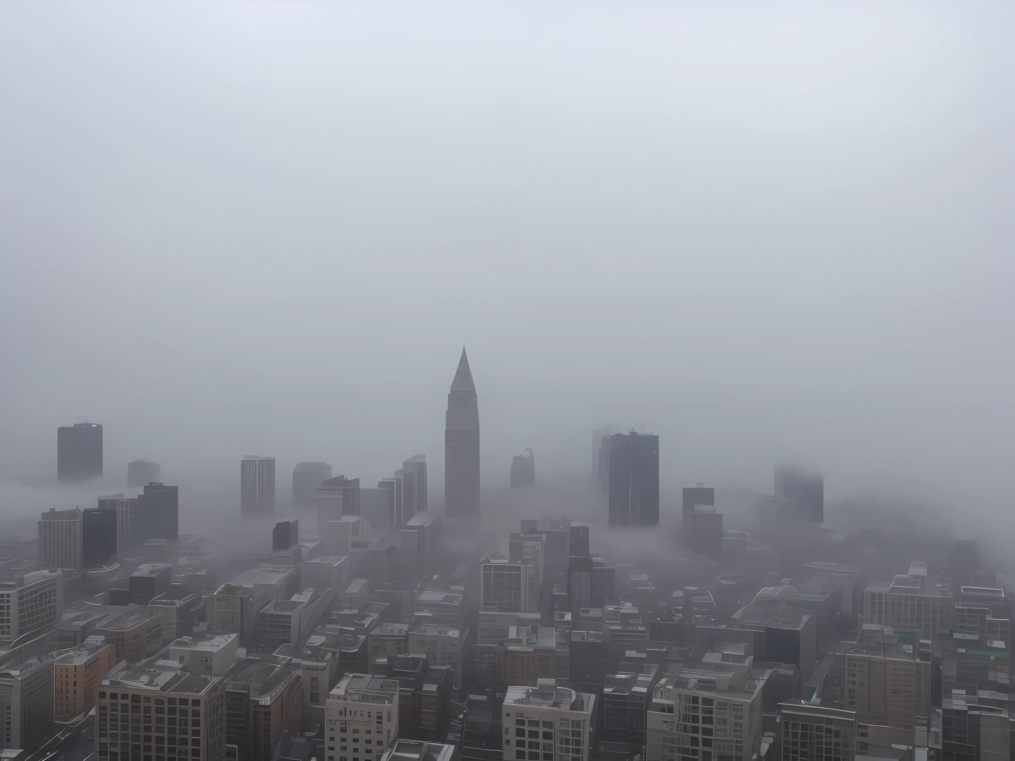 araffe view of a city in the fog with buildings and a clock tower, highly atmospheric and foggy, foggy weather atmosphere, mist below buildings, fogy, foggy photo 8 k, misty ominous atmosphere, foggy day outside, city fog, gloomy foggy atmosphere, in the bottom there a lot of fog, foggy day, fog in the background, uneven dense fog