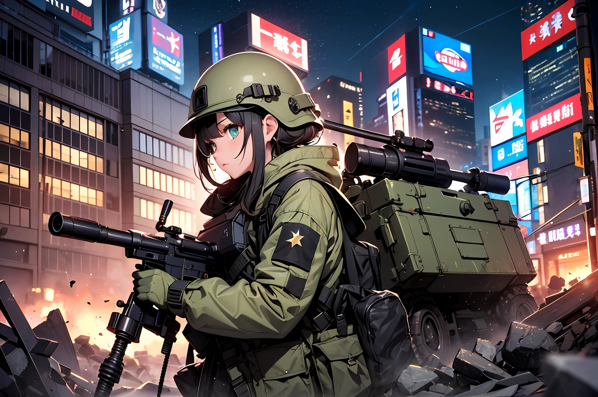 {{Masterpiece, top quality, highly detailed CG, 16K, movie lighting, lens flares}}, (Lahti L-1 girl soldier sniping a huge military robot with an anti-tank gun), black combat uniform, wide view, thick body, Photorealism: 1.4, long blond hair, green eyes, have multiple weapons, aim accuracy 1.4, Lahti L-39 anti-tank gun, direct light, Night footage with f/1.8 lens flare, shot on rubble with a depth of field of 35mm ((Shinjuku at night in battle by 5 Special Forces SWATs)), (sniping with anti-tank rifles), FROM SIDE, HDR, Hyper detailed, wreckage of a giant robot, (Wide Angle Lens), Aftersight