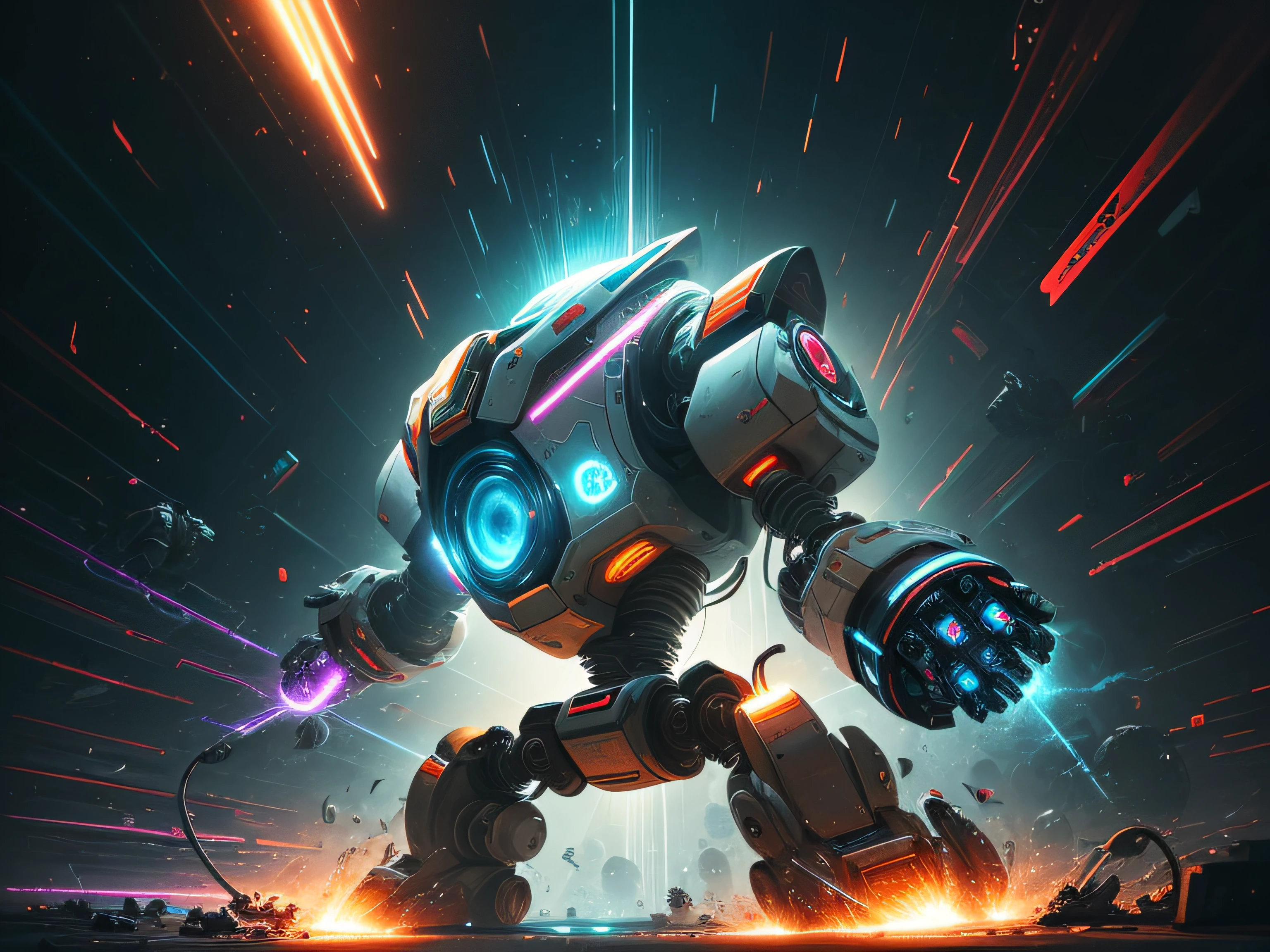 1. A fragmented face composed of mechanical and electronic parts, with light rays emanating from them.
2. A futuristic battlefield with robots engaged in a fierce battle, creating lightning and explosions in all directions.
3. A powerful robotic hand crushing a music speaker, symbolizing the sonic dominance of "Technical Knockout".
4. An abstract graphic representation of geometric shapes and futuristic lines meeting and creating visual chaos.
5. A robotic brain in fractal composition, giving off electrical impulses that vibrate through the image.
6. A vibrating energy force field with bright and intense colors, surrounding the title "Technical Knockout".
7. An industrial landscape of gigantic machines and cables